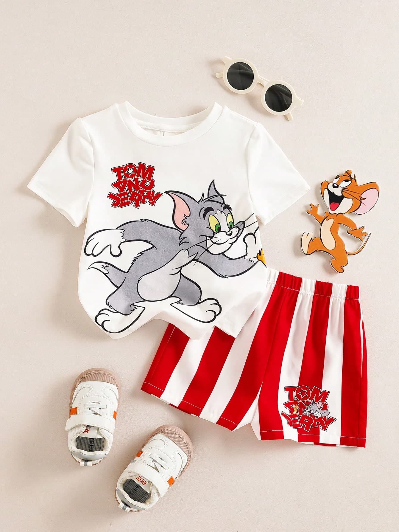 TOM & JERRY X SHEIN 2pcs Baby Boy Summer Cute Cartoon Cat Print Round Neck Short Sleeve T-Shirt And Shorts Set