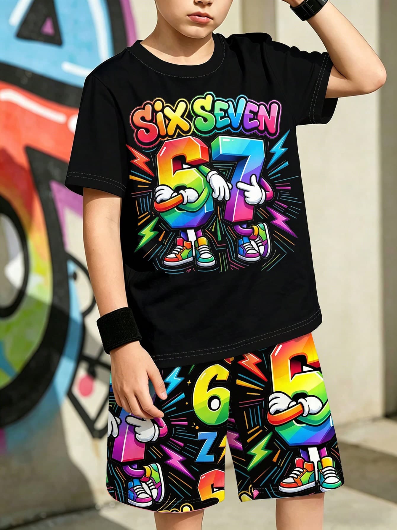 Tween Boys Black Summer Streetwear 2pcs Set,City Break Street Hip Hop Style Loose Cartoon Number 67 Rainbow Print Short Sleeve T-Shirt&Stylish Shorts