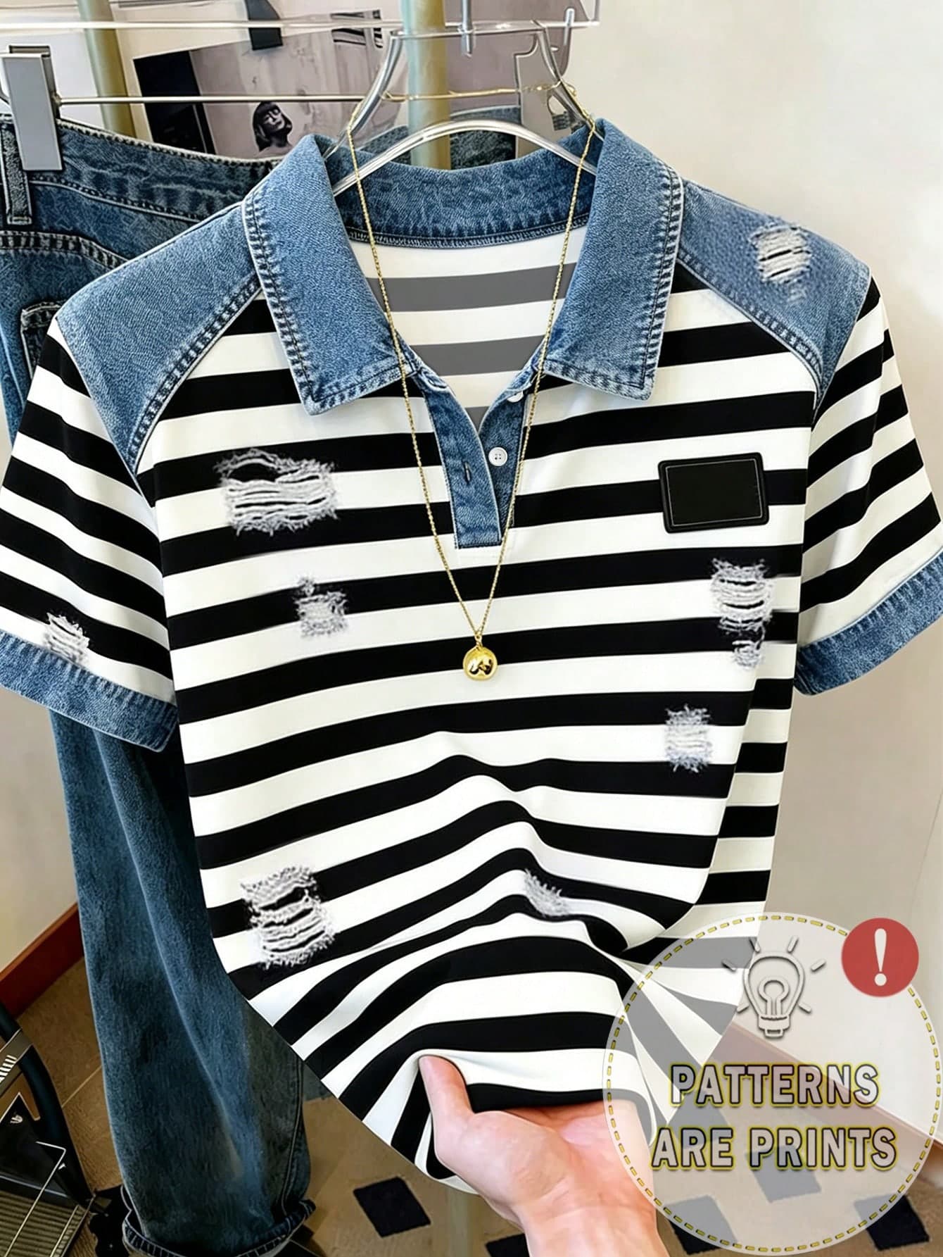 Resyla Women's Fashion Casual Polo Collar T-Shirt, Denim Effect T-Shirt, Striped T-Shirt, Comfortable Casual Outdoor T-Shirt, All Season T-Shirt
