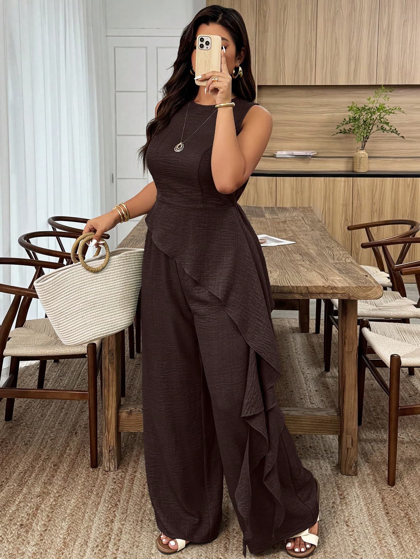 Weeklong Plus Size Women Spring/Summer Round Neck Waist Cinched Asymmetric Hem Ruffle Casual Suit