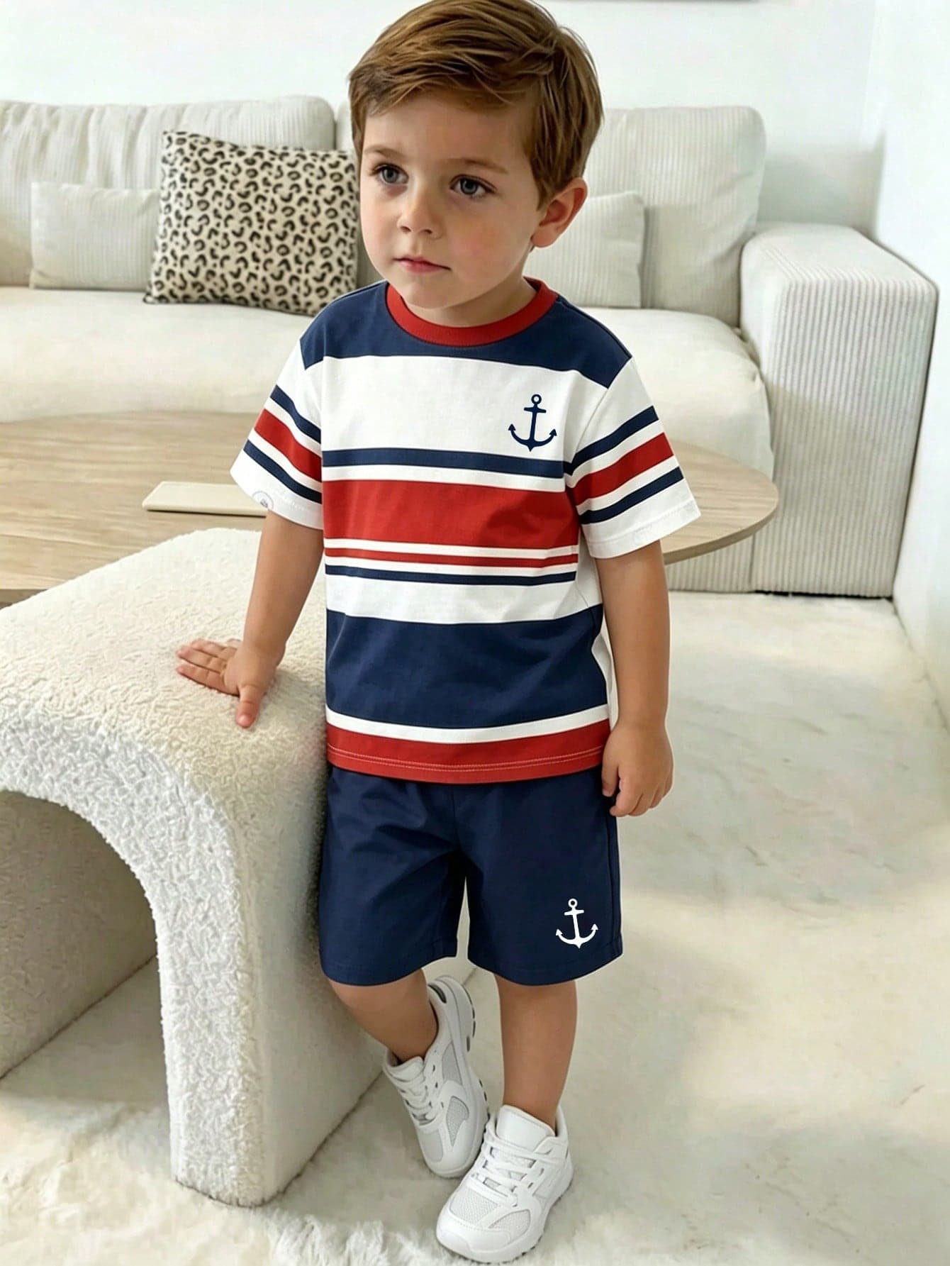 SHEIN Genkimix Kids 2pcs/Set Boys' Striped & Anchor Print Short Sleeve T-Shirt And Shorts,Summer Matching Family Vacation Casual Sports Outfit For Holiday,Party,Campus