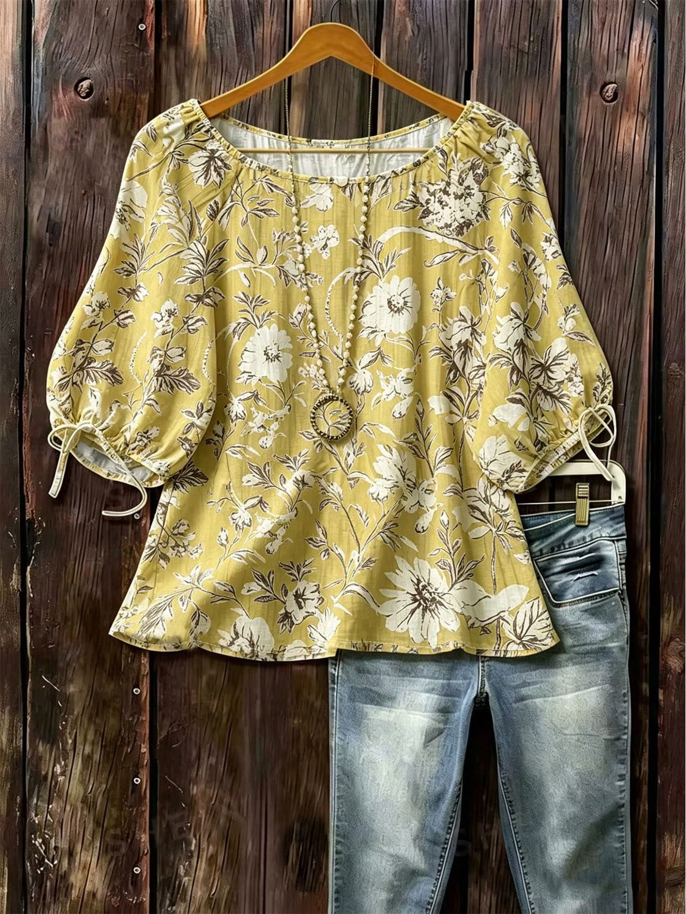Linhara Plus Size Women Casual Boho Orchid Print Short Sleeve Bow Tie Blouse Vacation Yellow Autumn