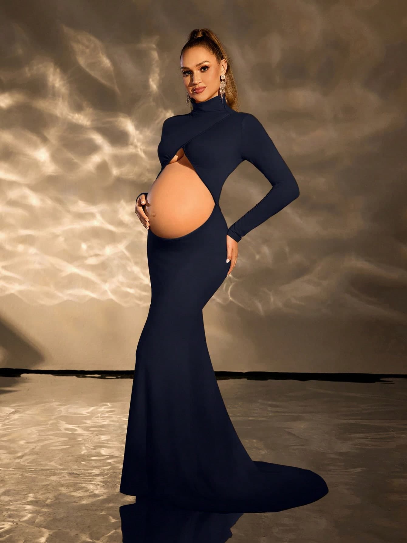 Cheriluna Maternity Maternity Solid Color Minimalist Elegant Long Sleeve Photography Dress Photo Shoot Navy Blue Summer