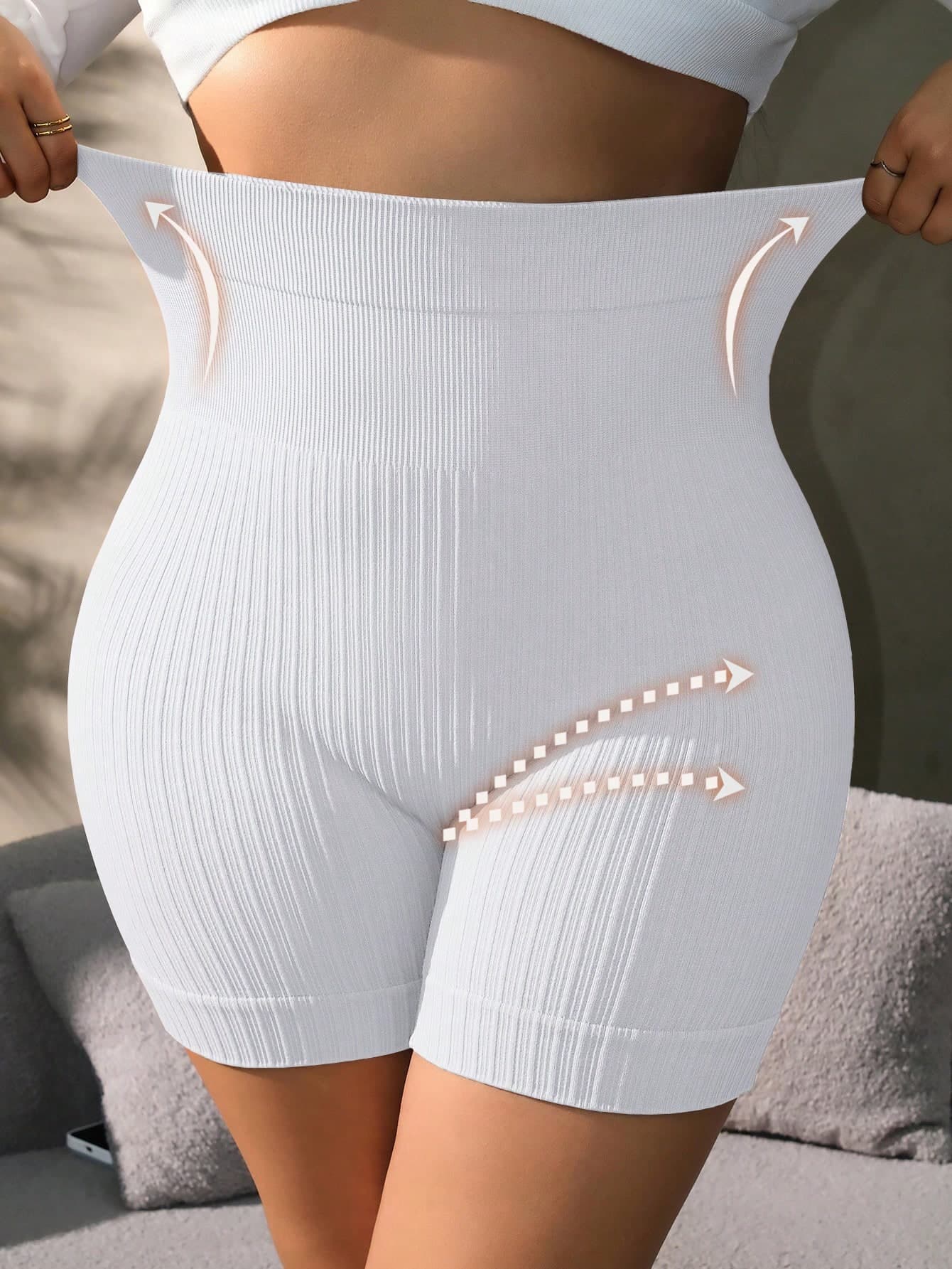 SHEIN 1pc Plus Size Seamless High Waist Vertical Stripe Lifting Pants All White Summer Party