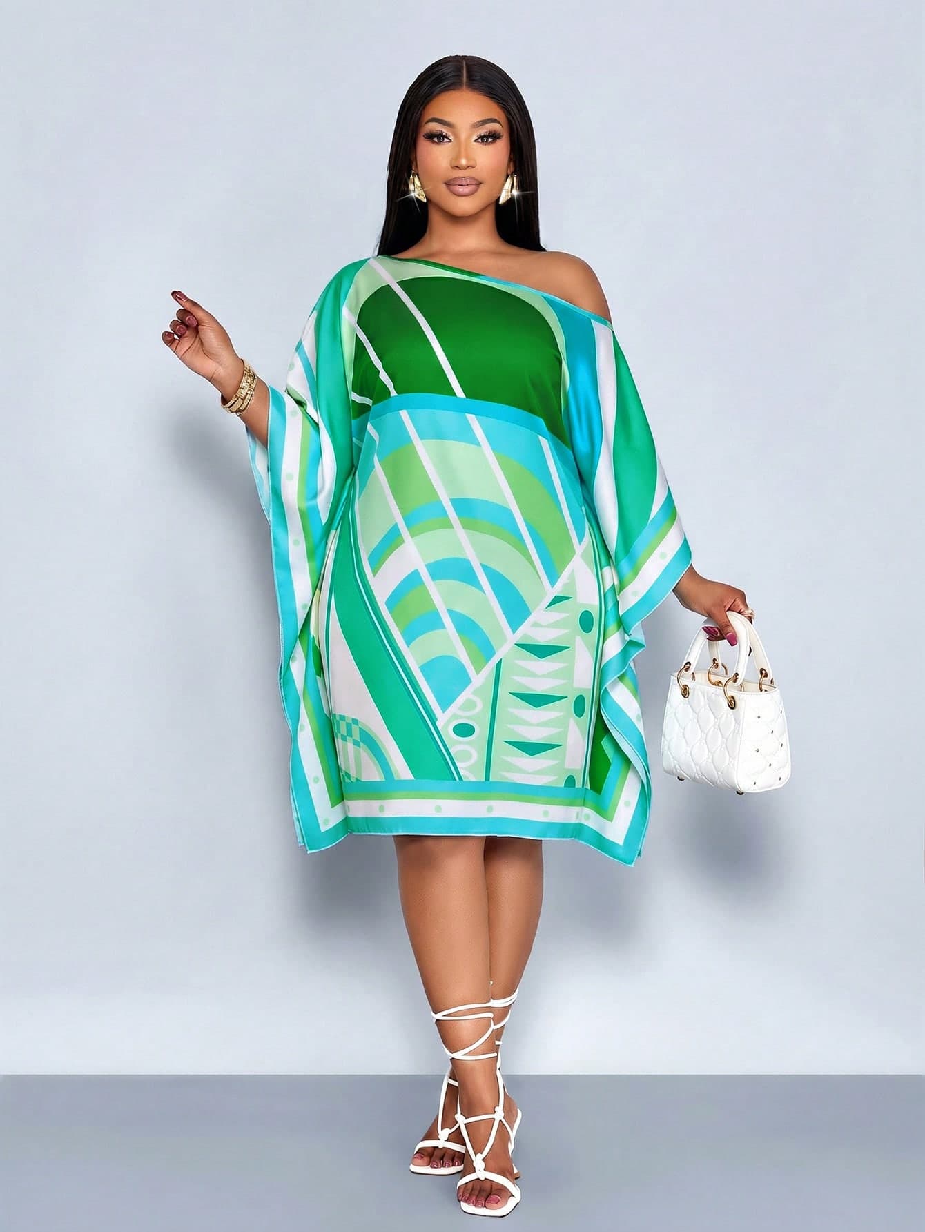 SOLERSUN Plus Size Women's Sage Green Summer Elegant Tropical Vacation Holiday Mid Length Dress,Off Shoulder Slanted Slant,Green Abstract Geometric Print