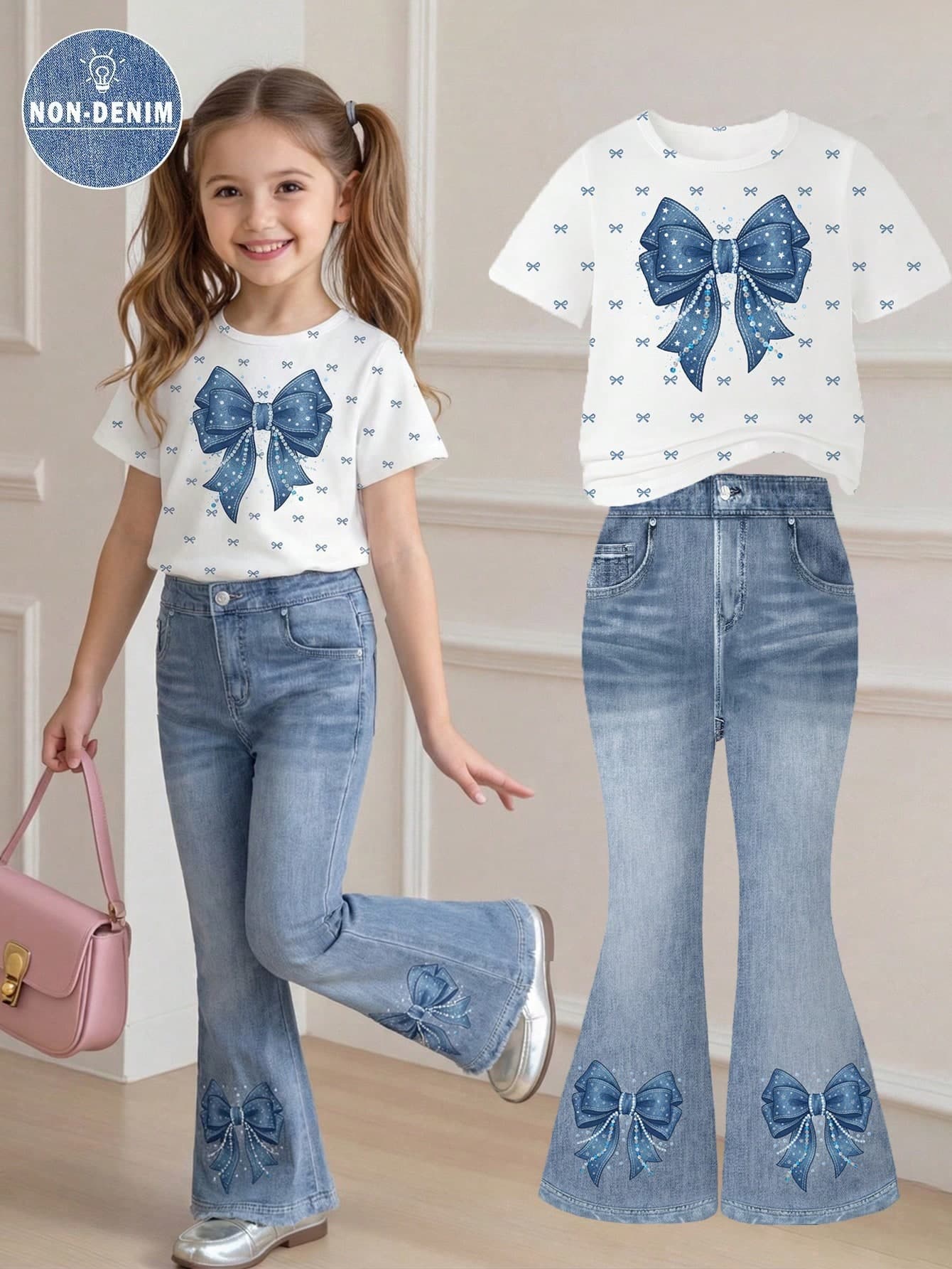 2pcs/Set Toddler Girls' Summer Back-To-School Outfit,Bow Print Round Neck Short Sleeve T-Shirt & Elastic Waist Flare Pants,Cute Fashion School Clothes