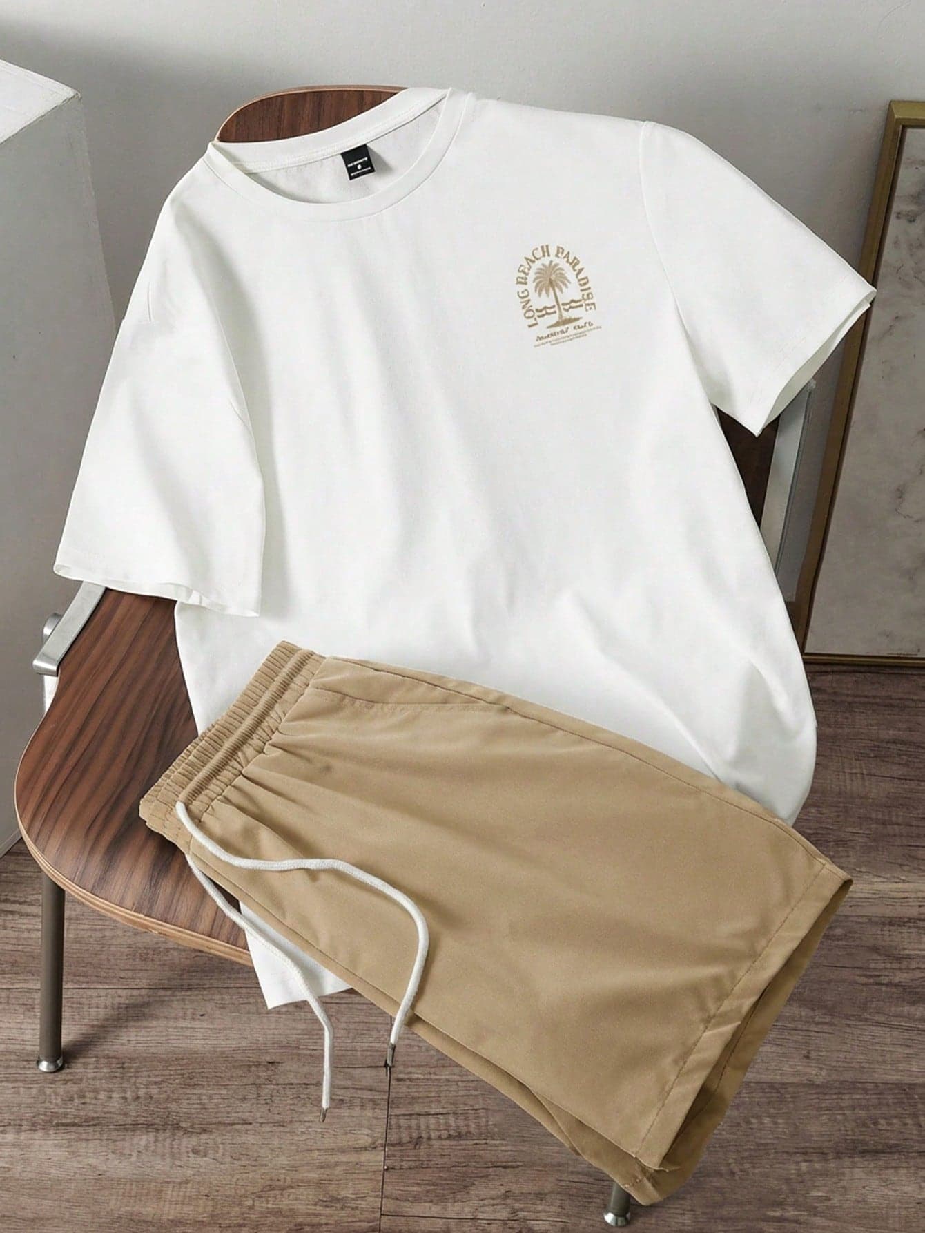 Manfinity Joysei Men's Coconut Tree Slogan Print T-Shirt And Woven Shorts Set