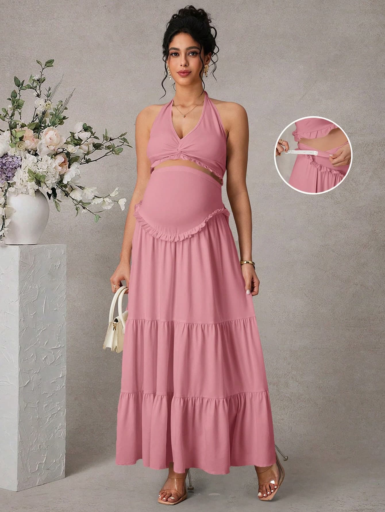 Momance Women's Solid Color Camisole Twist Knot Elegant Top Long Maternity Skirt 2-Piece Set Photoshoot Pink Summer