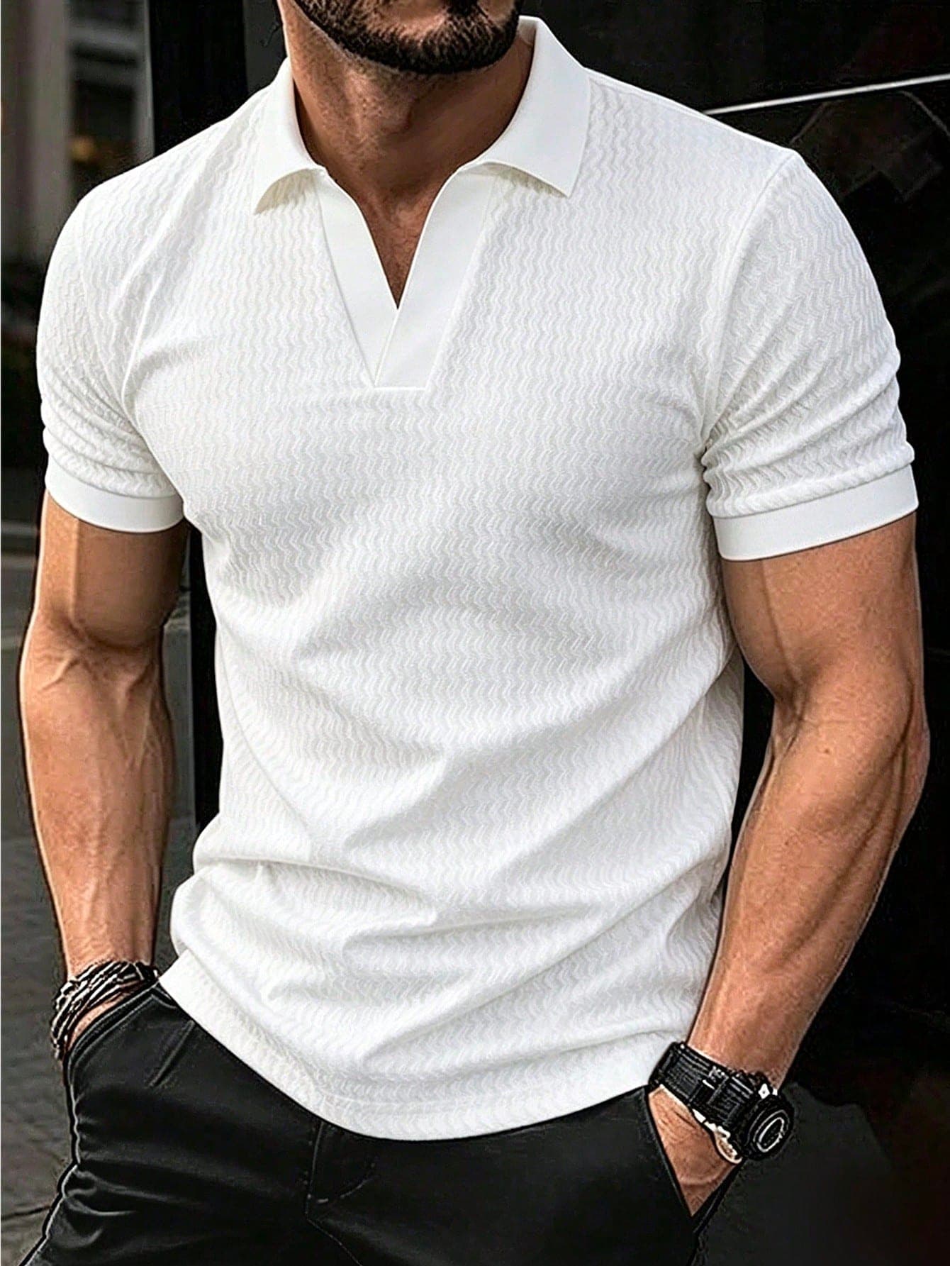 Manfinity Homme Men's White Short Sleeve Textured Polo Shirt,Summer Casual Vacation V-Neck Solid Color Versatile Commuting Top,Old Money Vintage Style,Gift For Him, Formal