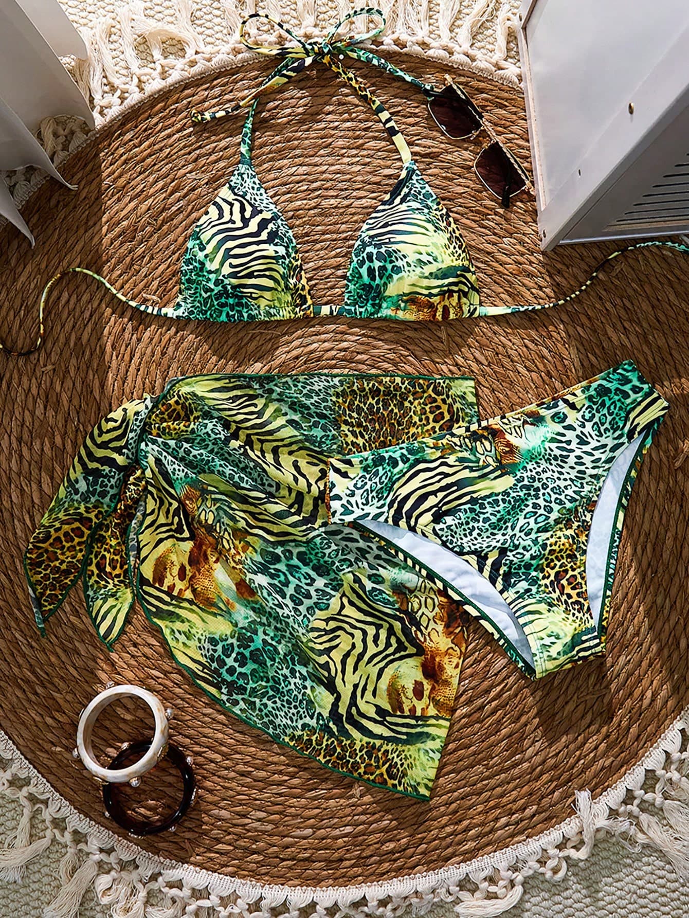 Swim Vcay Women's Summer Beach Vacation Halter Tie Backless Sexy Leopard Print Bikini 3-Piece Set