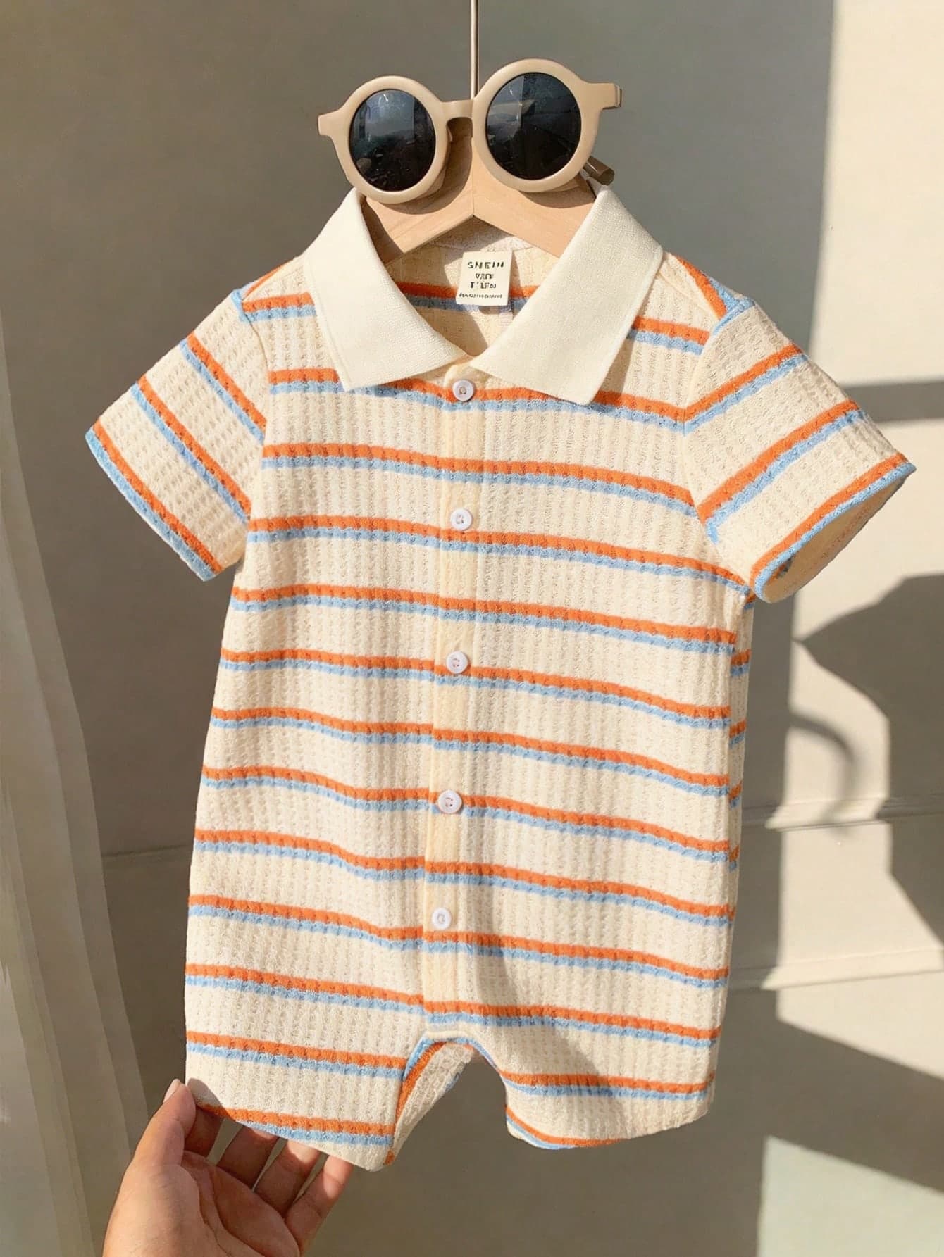 SHEIN Newborn Baby Boy Knitted Colorful Striped Short Sleeve Romper,Blue And White Stripe,Summer,Casual,Family Matching Outfit For Baptism,Birthday Party