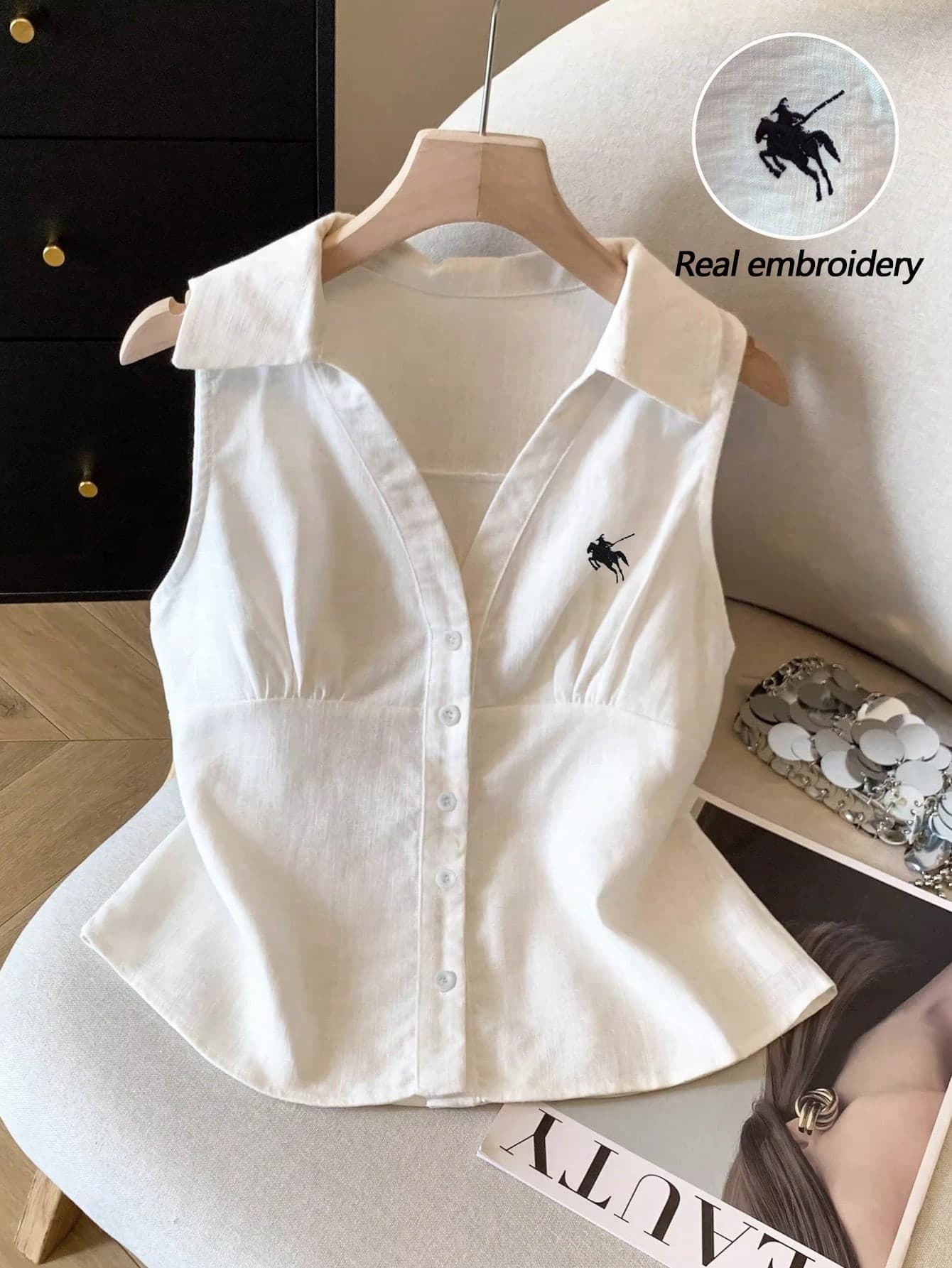 SHEIN Franclia Women's Casual Graphic Polo Embroidery Collar Sleeveless White Shirt,Classy Cotton Tops,Office School Back-To-School Blouses White Top Back-To-School