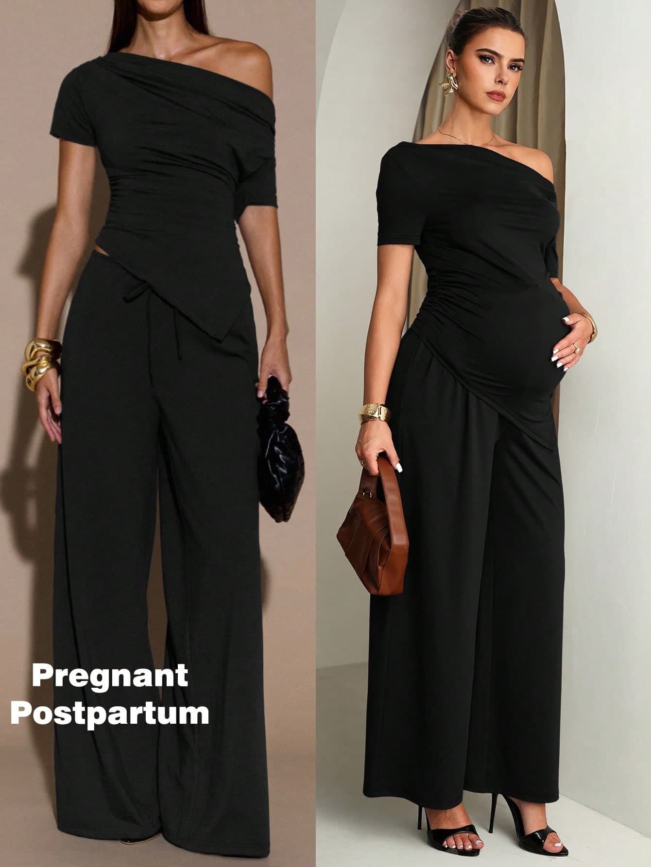 MaterniChic Maternity Solid Color Asymmetric Neck Fitted Asymmetrical Hem 2 Pieces Set