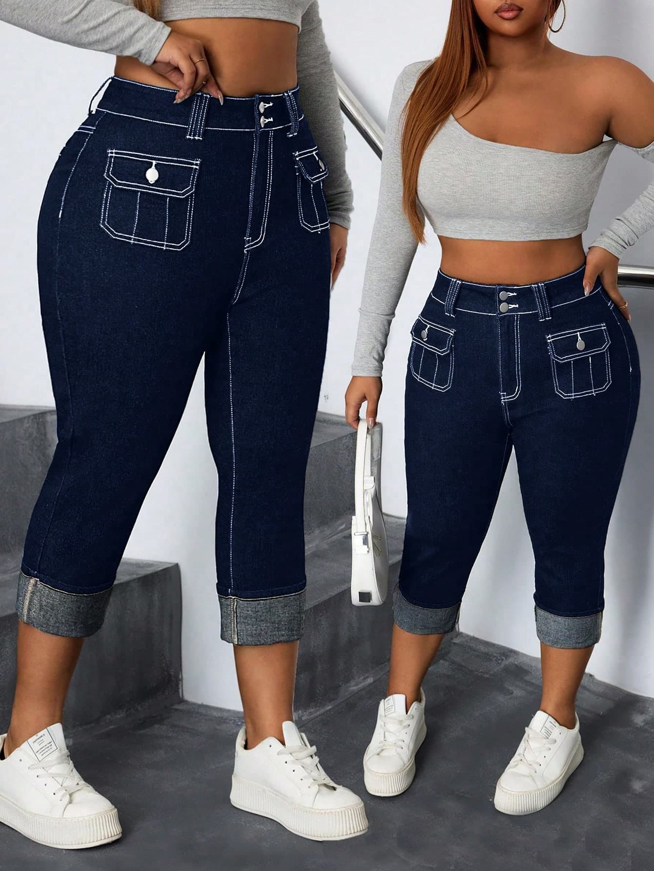 SHEIN SXY Plus Size Women Pocket Button Casual Versatile Daily Wear Denim Jeans