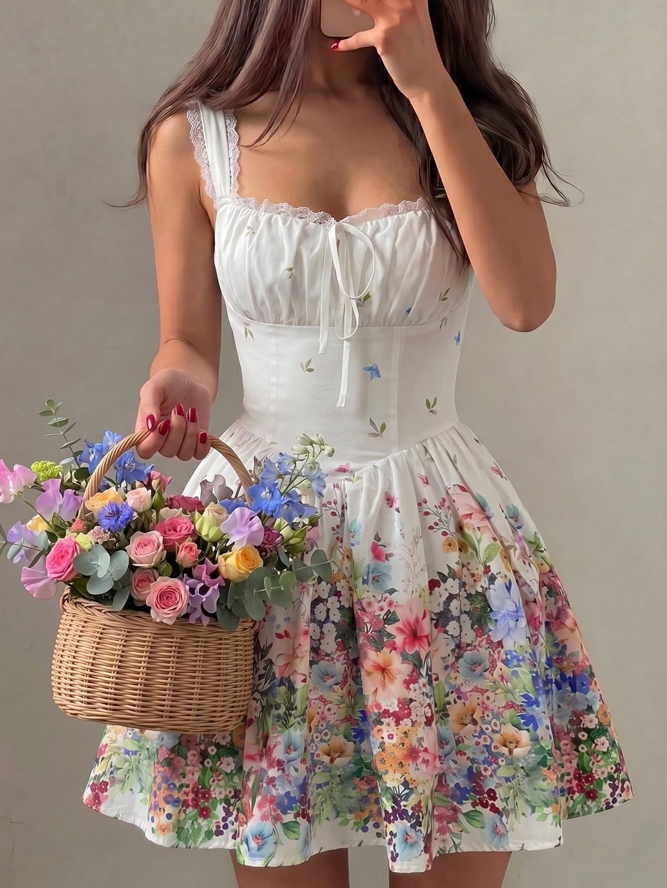 Glamine Charm Women's White Floral Summer Casual Party Picnic Dress,Cottagecore Lace Trim Square Neck Spaghetti Strap Mini Sundress,Breathable Cotton Blend Skater