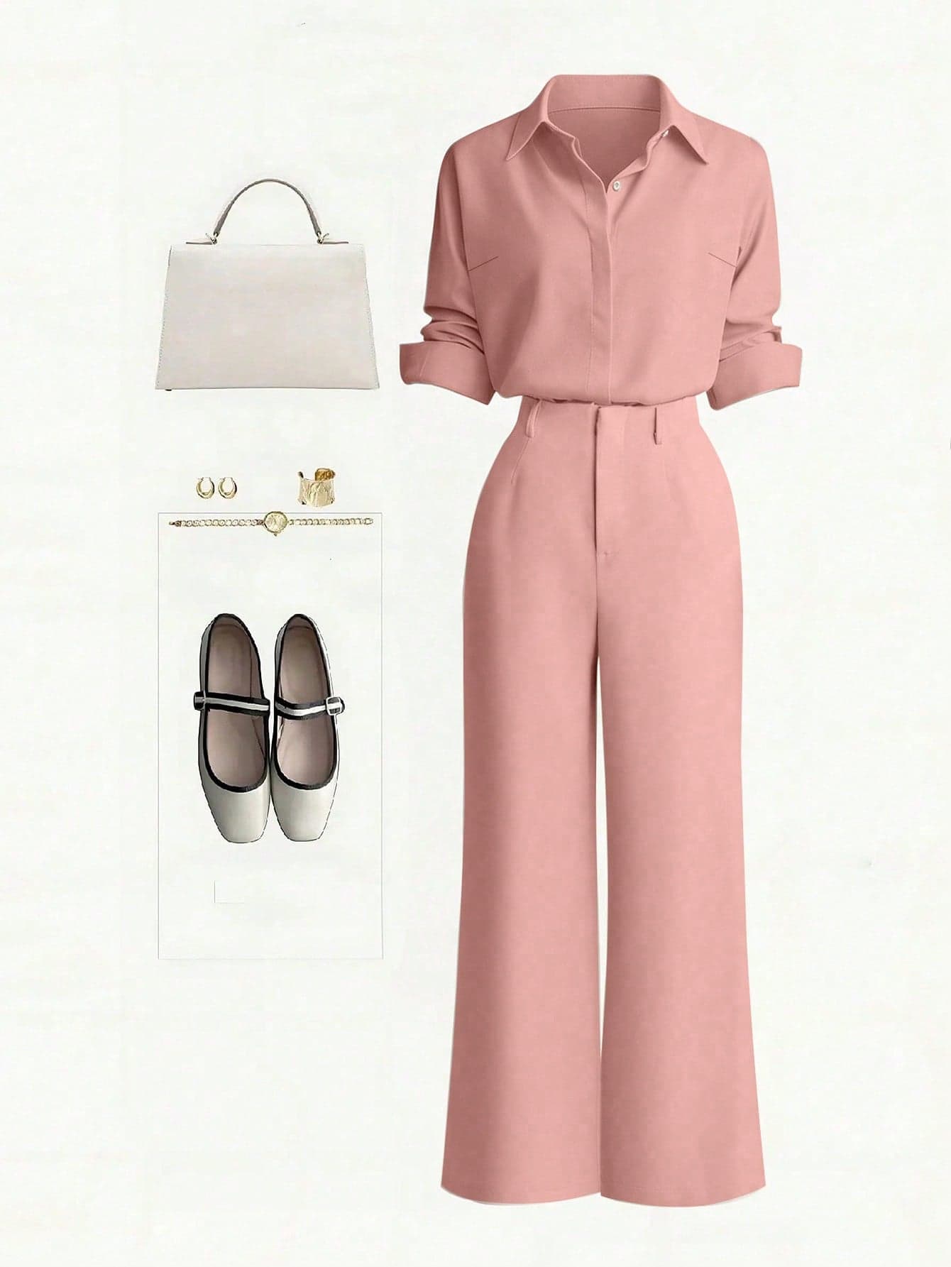Zovinel New Commuting Style Casual Solid Color Shirt And Straight Leg Pants Set