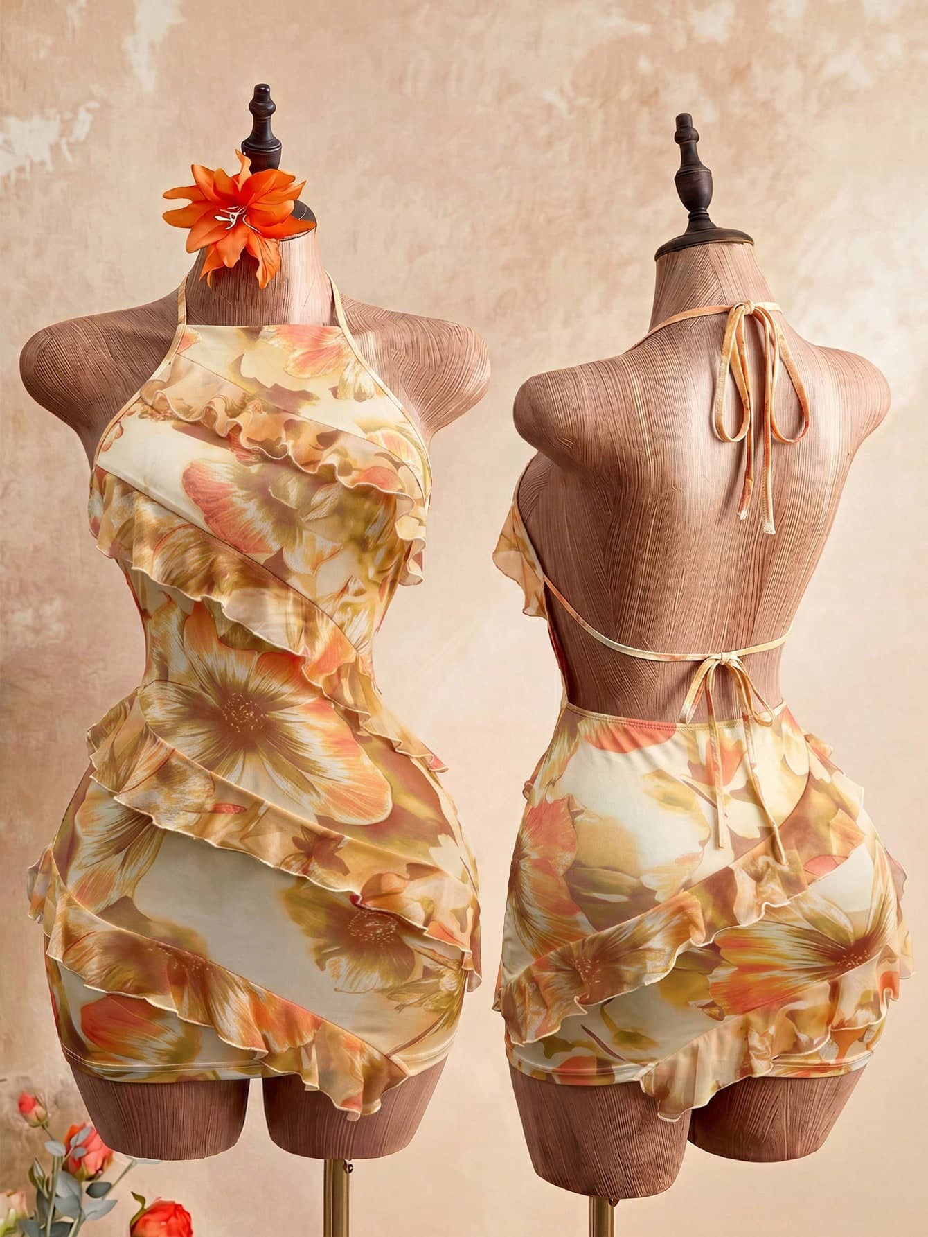 Mistrie Women's Orange Floral Print Halter Dress,Ruffled Border Sheer Fabric Slim Fit,Y2K Sweet Spicy Style Boho Summer Holiday Vacation Music Festival
