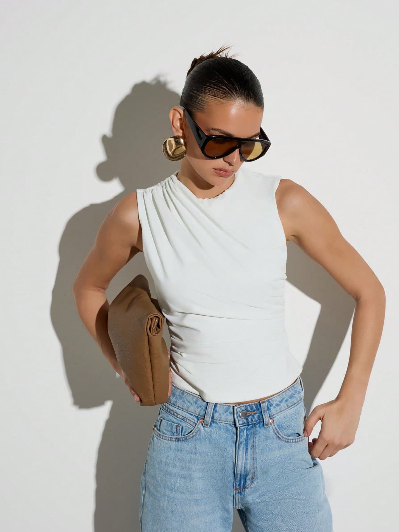 KSTM Women's White Asymmetric Draped Tank Top Sleeveless Fitted Crew Neck Casual Elegant Summer Blouse Ruched Detail Contemporary Fashion Brunch