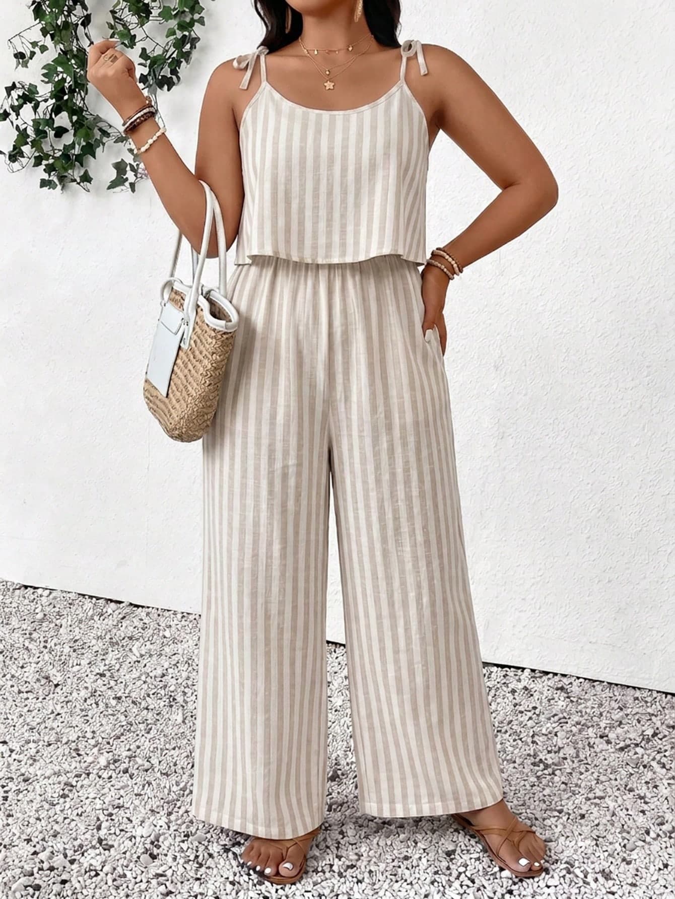 Plus Size Women Striped Knotted Shoulder Wide Leg Jumpsuit Summer Outfits Vacation Outfits 2 Piece Set Casual Outfits Outfits Women Set Summer