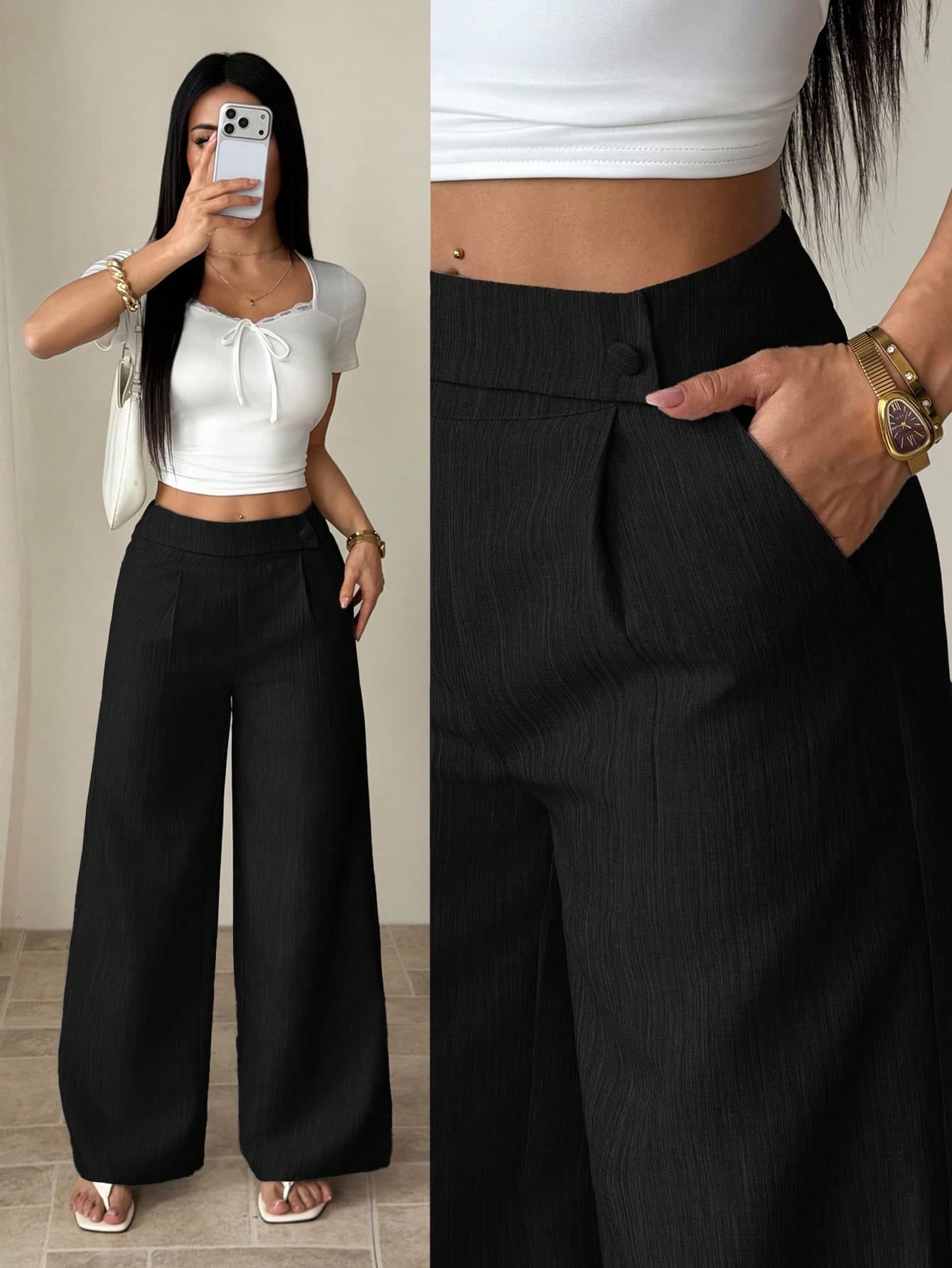 SHEIN PETITE Women's Black Summer Casual Office Elegant Straight Leg Pants,Bamboo Fabric Waist Front Overlay Buckle Design Professional Teacher Uniform Versatile ,Petite Women