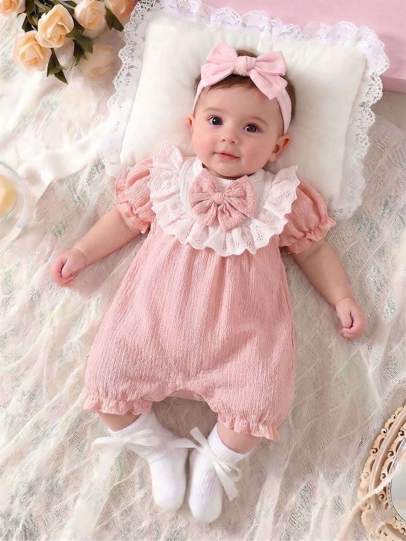 SHEIN Summer Newborn Baby Girl Cute Pink Romper Bodysuit Sweet Gentle Knitted Lace Collar Bow Puff Sleeve Ruffle Hem Family Matching Outfit For 0-9 Months