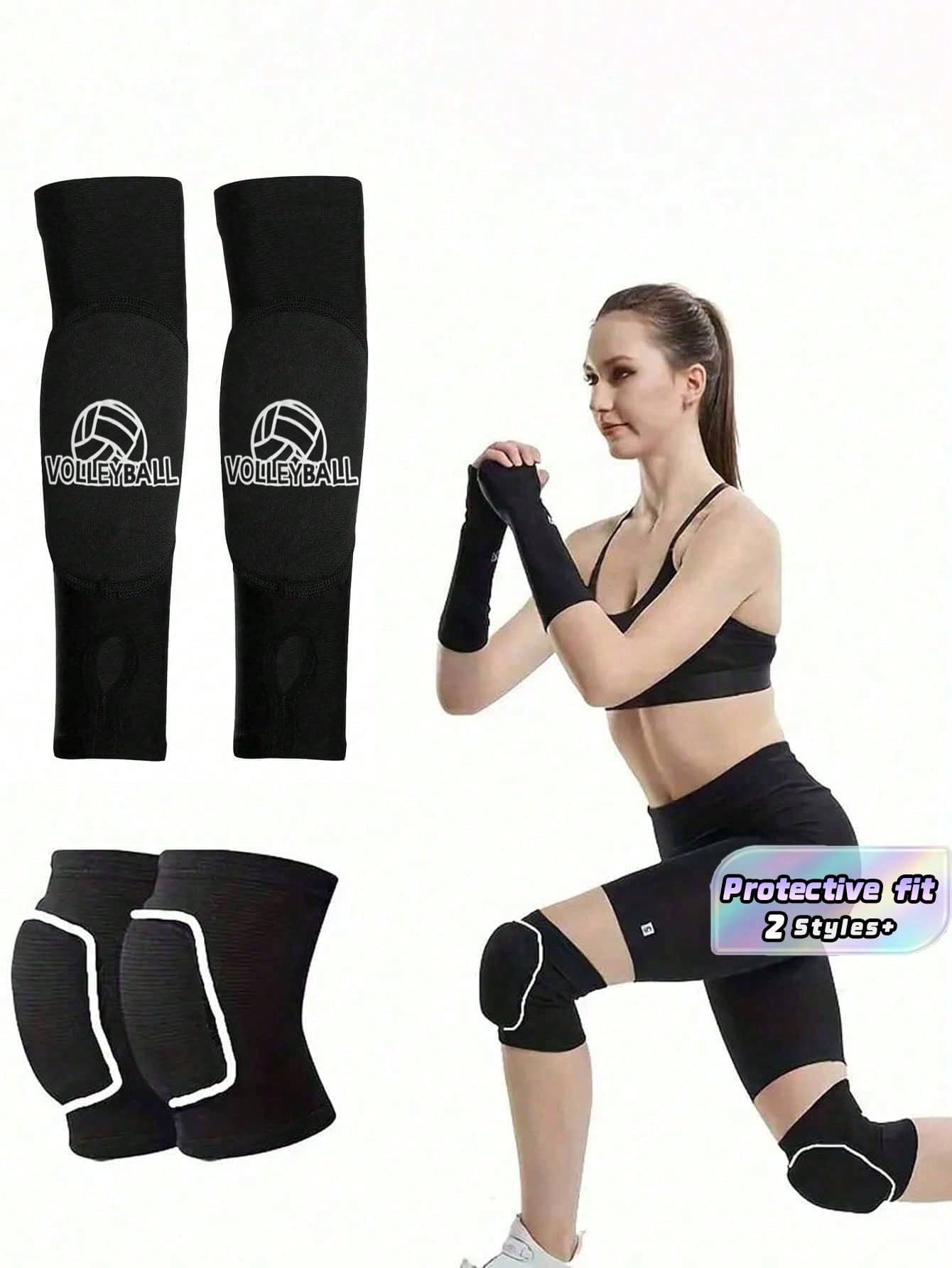 Beach Volleyball Arm Sleeves & Knee Pads Set, Solid Color Padded Protective Gear For Training Sports Equipment