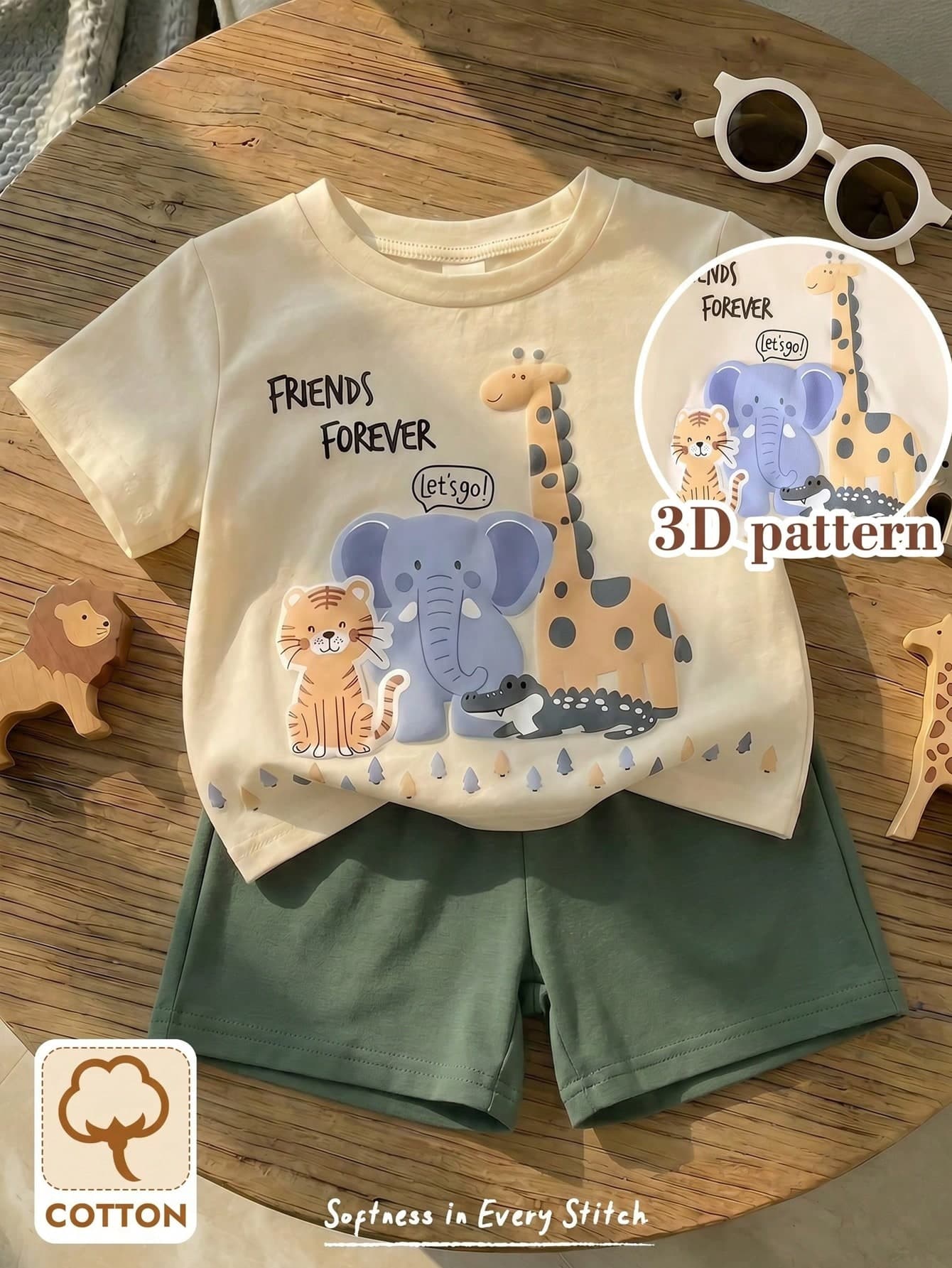 Cozy Pixies 2pcs/Set Baby Boy/Girl Casual Cute Cartoon Animal Print Loose Round Neck Knit Top T-Shirt And Shorts Set, Suitable For Spring/Summer Wear
