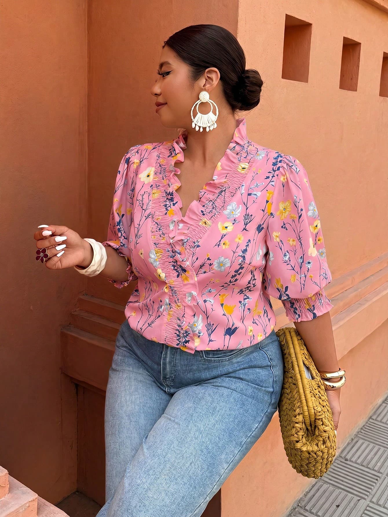Breezaya Plus Size Women's Casual Vacation Floral Print Ruffle Hem Shirt, Spring/Summer
