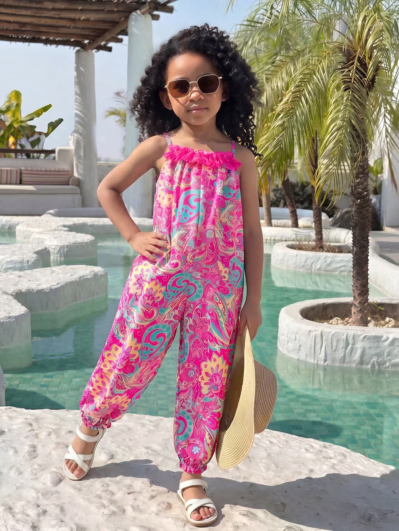 SHEIN Young Girl Holiday Casual Chiffon Ditsy Floral Jumpsuit Beach Light Pink Summer For Kids