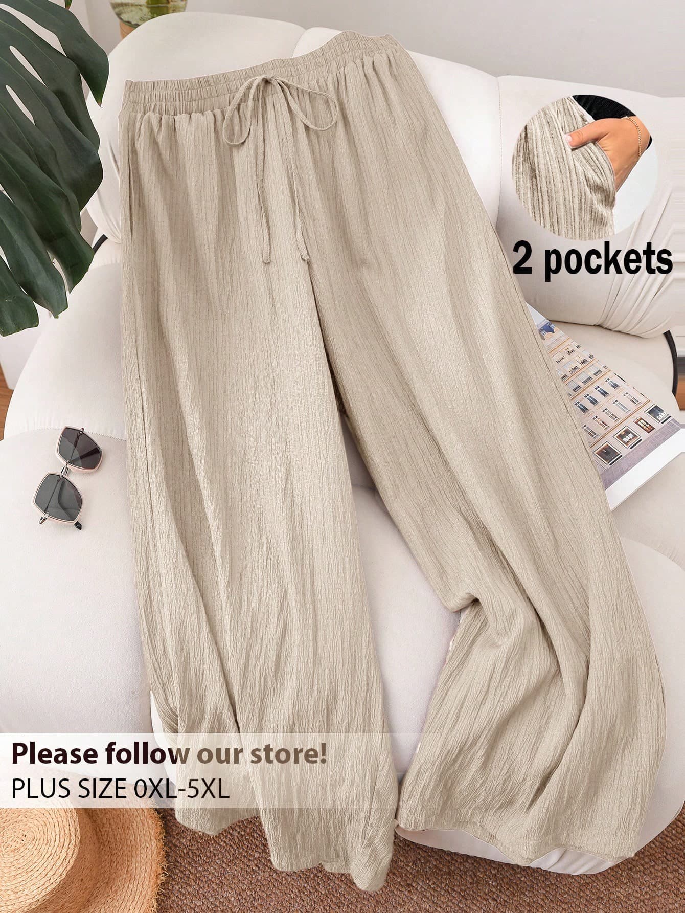 CosyJoli Plus Size Women's Summer Casual Wide-Leg Pants, Elegant Holiday Beach, Commuting Pocket Trousers Baggy Valentine Day Style