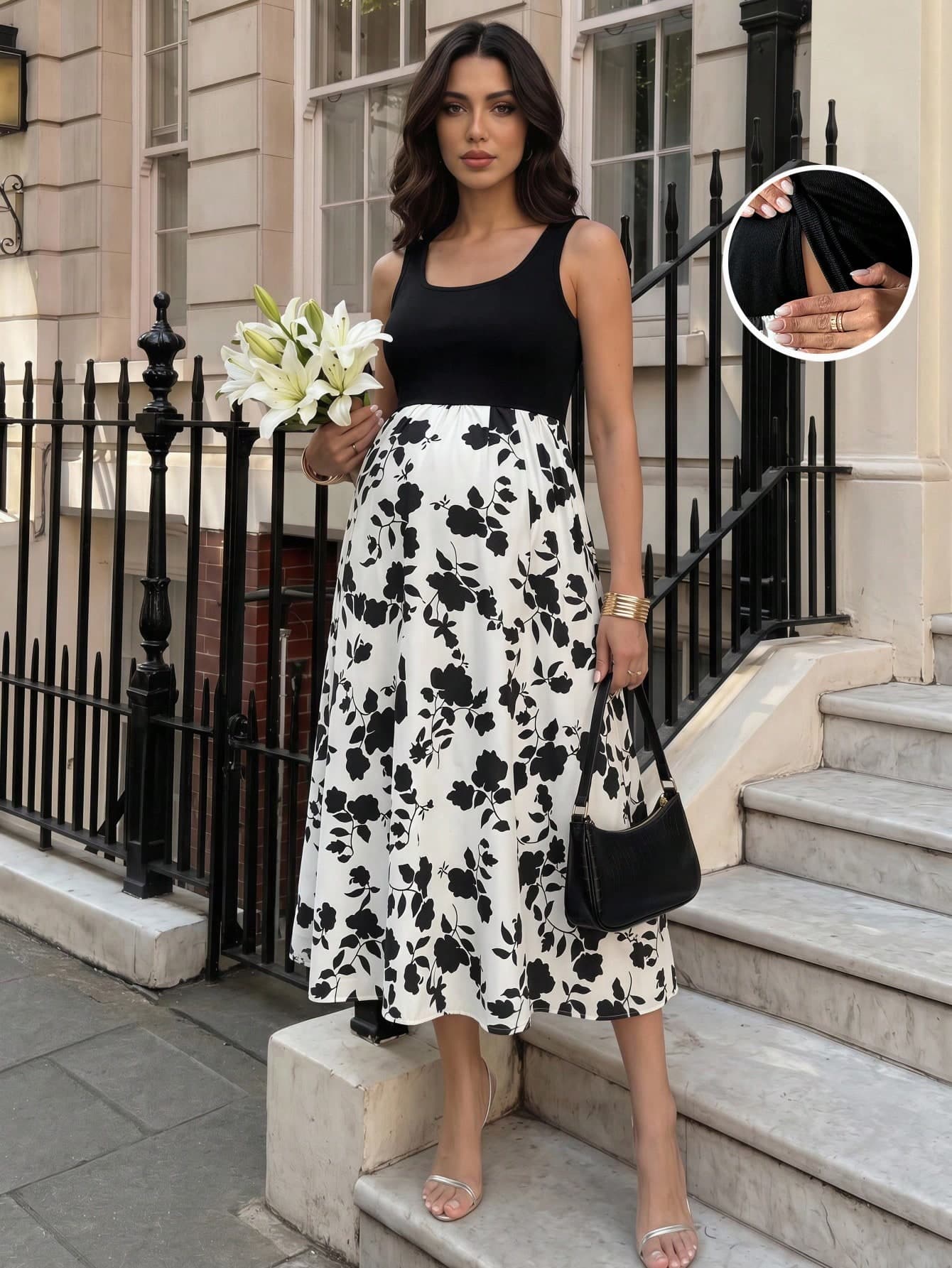MaterniWear Elegant Black And White Floral Maternity Nursing Dress For Baby Shower,Sleeveless Color Block Pregnancy Maxi Dress,Women's Breastfeeding Work