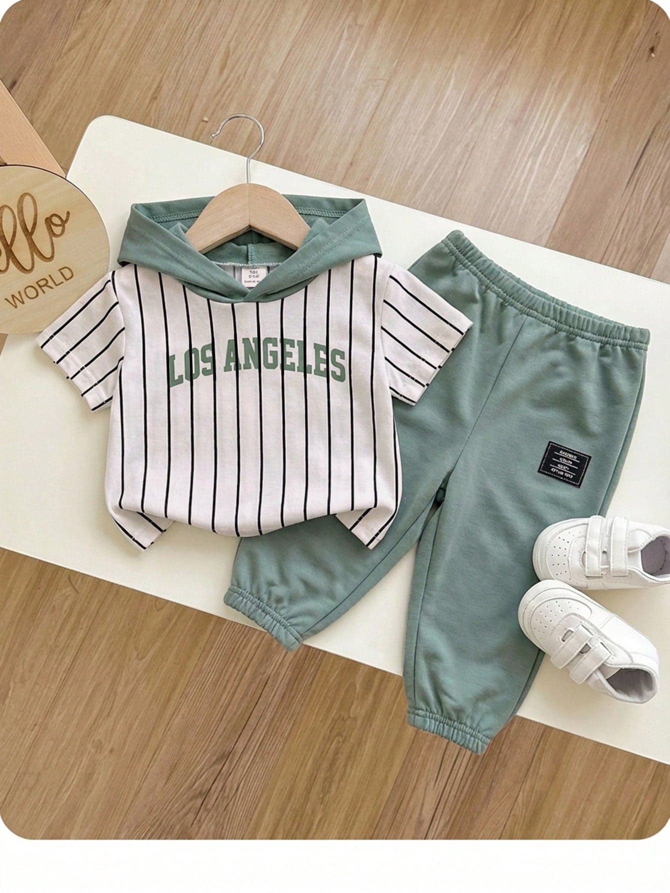 2pcs Baby/Toddler Striped Hoodie Sleeveless Top And Jogger Pants Set, Blue, Casual Collegiate Style Suitable For Home, Outdoor, School