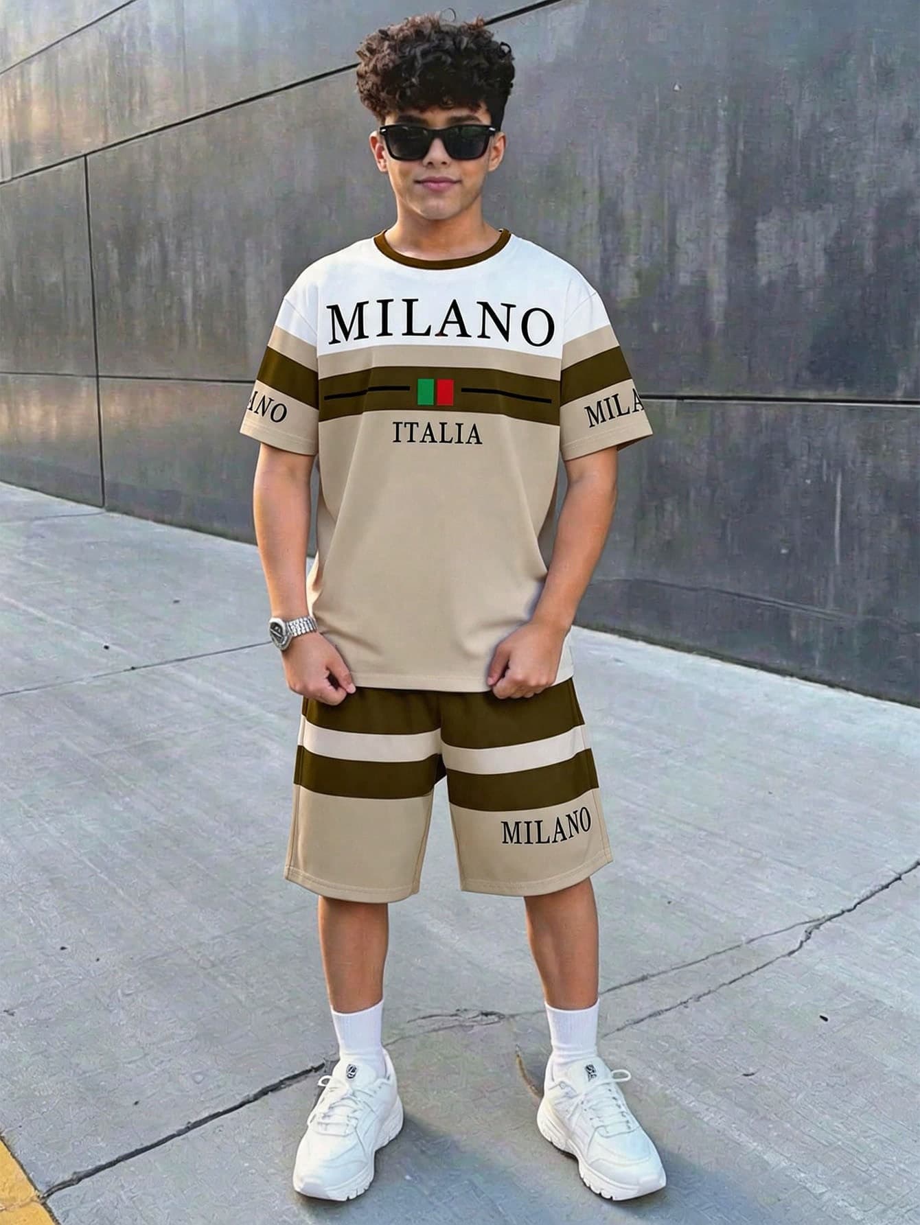 Teen Boy Casual Summer Streetwear Outfit,Classic Italian Milan Text Graphic Striped Round Neck Short Sleeve T-Shirt And Shorts Set,Vintage Boys Gear