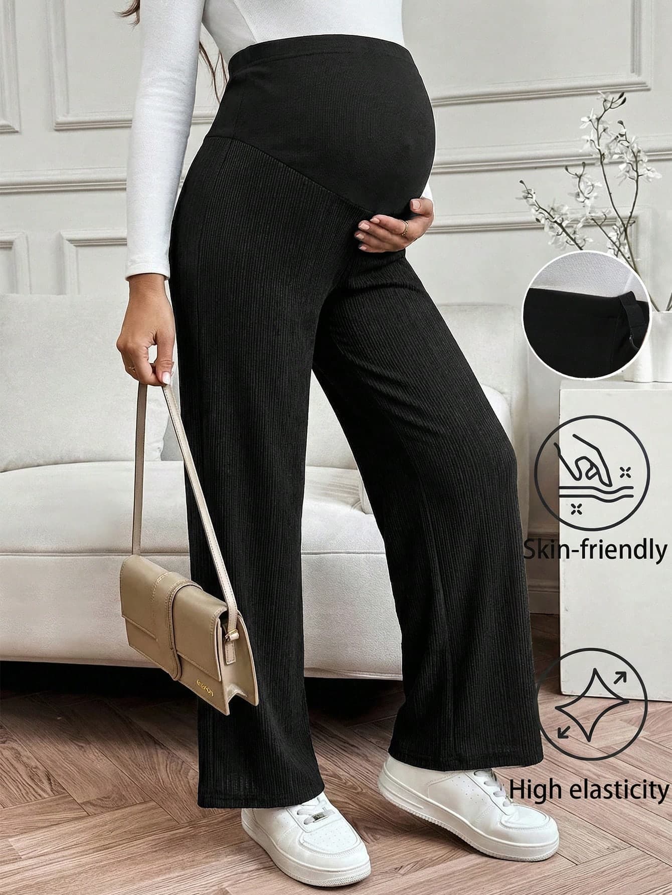 SHEIN Pregnant Women Casual Solid Color Elastic Straight Leg Pants