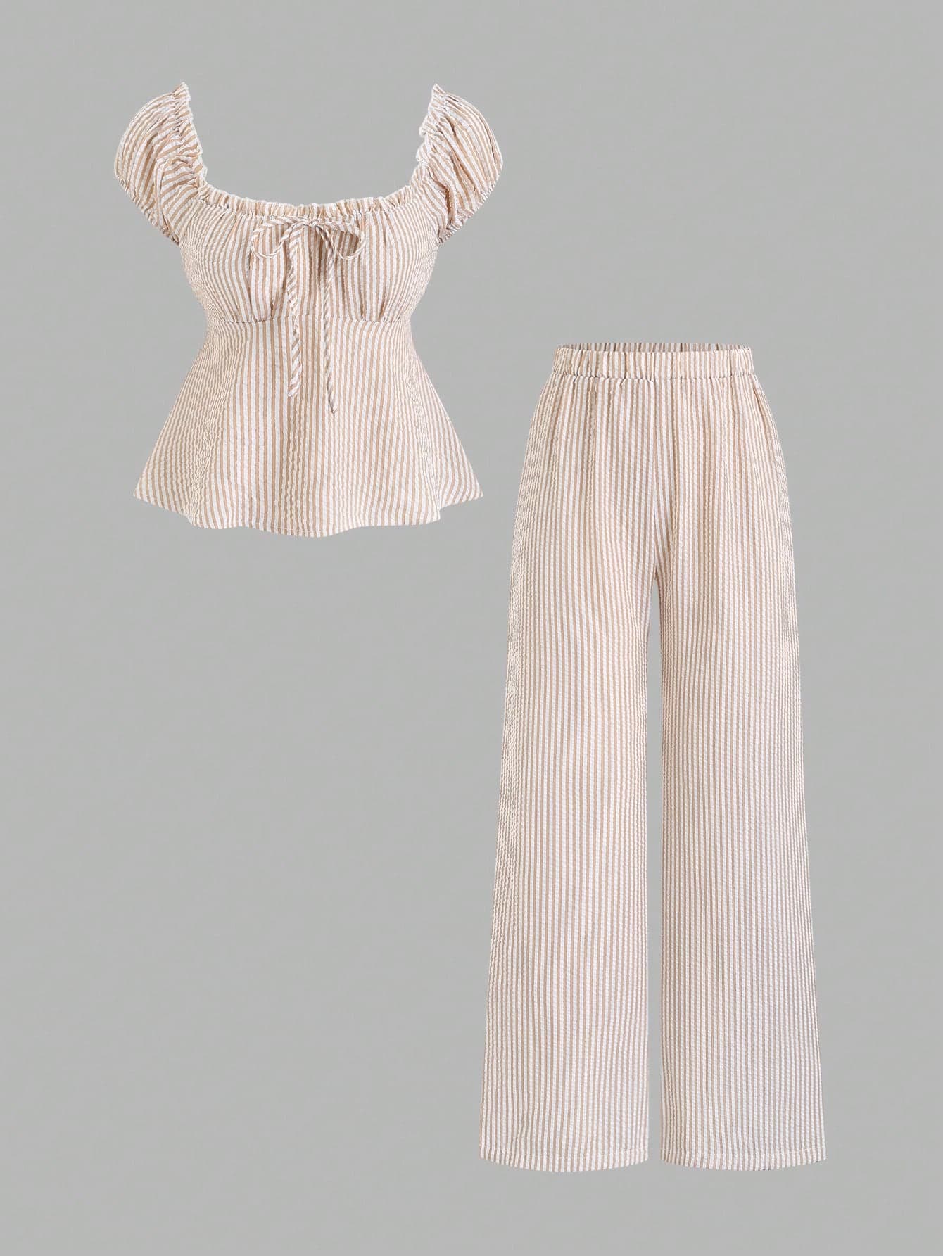 Sweetra Spring/Summer Fashion Outfit, French Sweet Puff Sleeve Striped Blouse & Loose Straight Leg Pants, Women 2 Pieces Set
