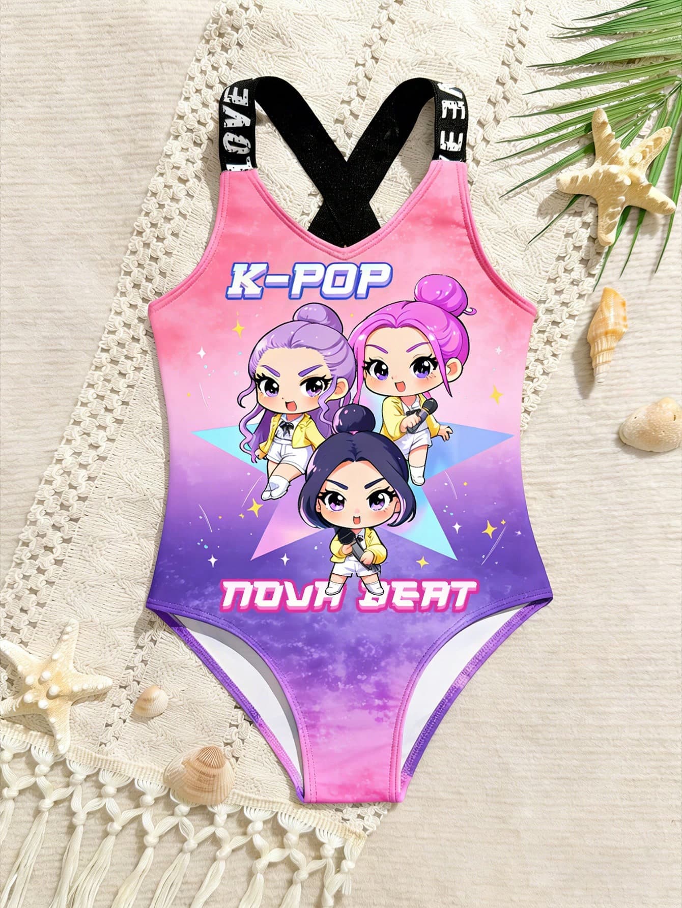 Young Girl Sweet Cool Print Pink-Purple Gradient One-Piece Swimsuit,Knit Fabric Straps Sporty Casual Style For Summer Beach Seaside Pool Swimming
