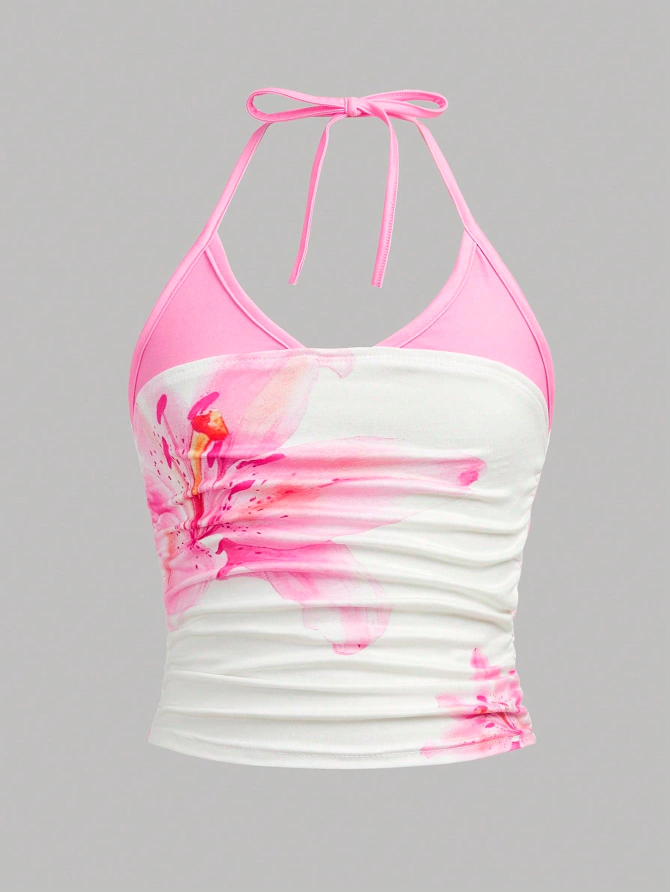Girlism Tween Girls' Summer Cute White Vacation Camisole Top,Pink Patchwork Large Floral Hibiscus Print Strapless Ruched Elastic Fitted Casual Strappy Top