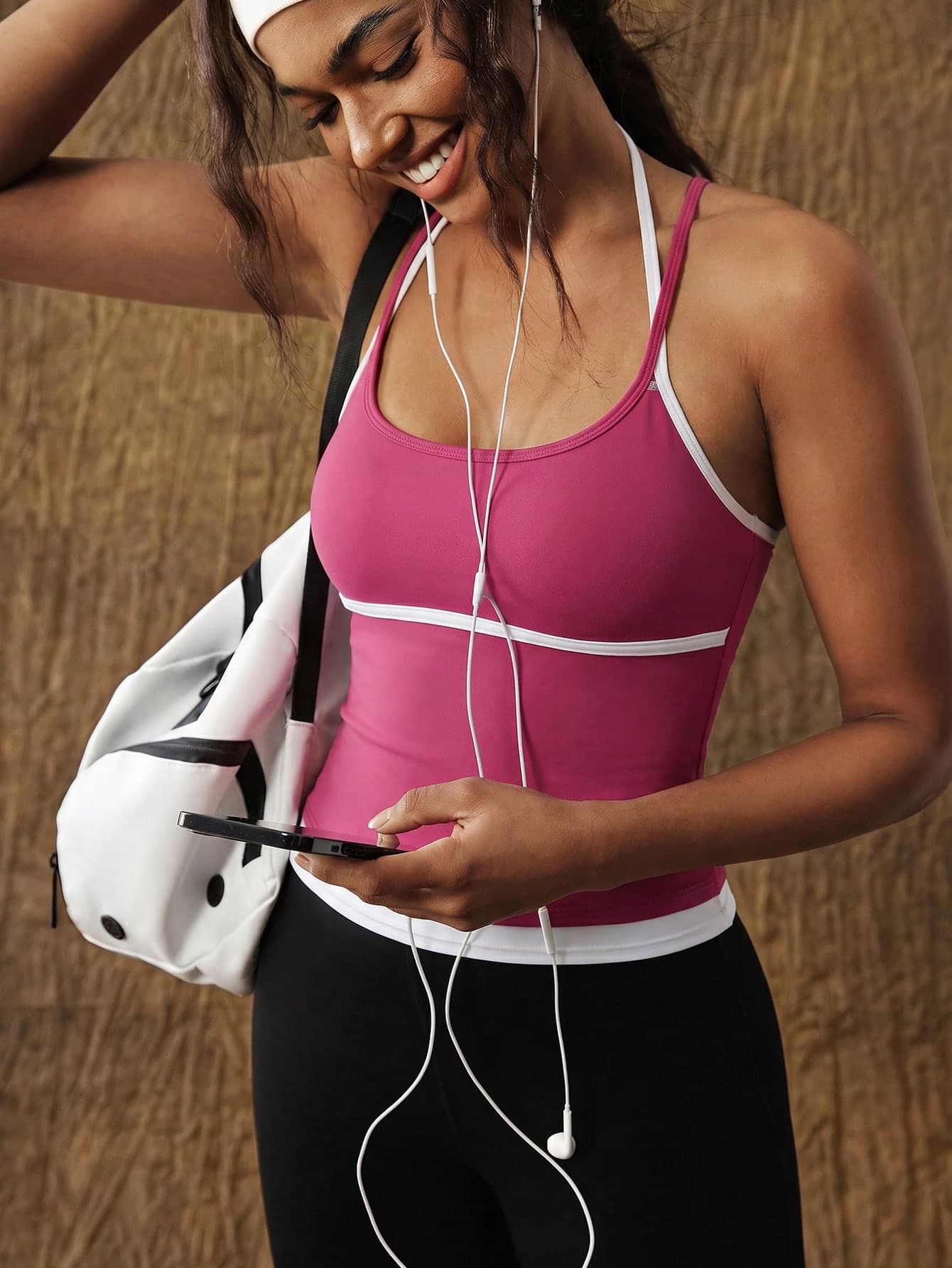 VARSIVA Fashionable And Simple Yoga Black And White Contrast Square Neck Spaghetti Strap Women's Sports T-Shirt & Vest