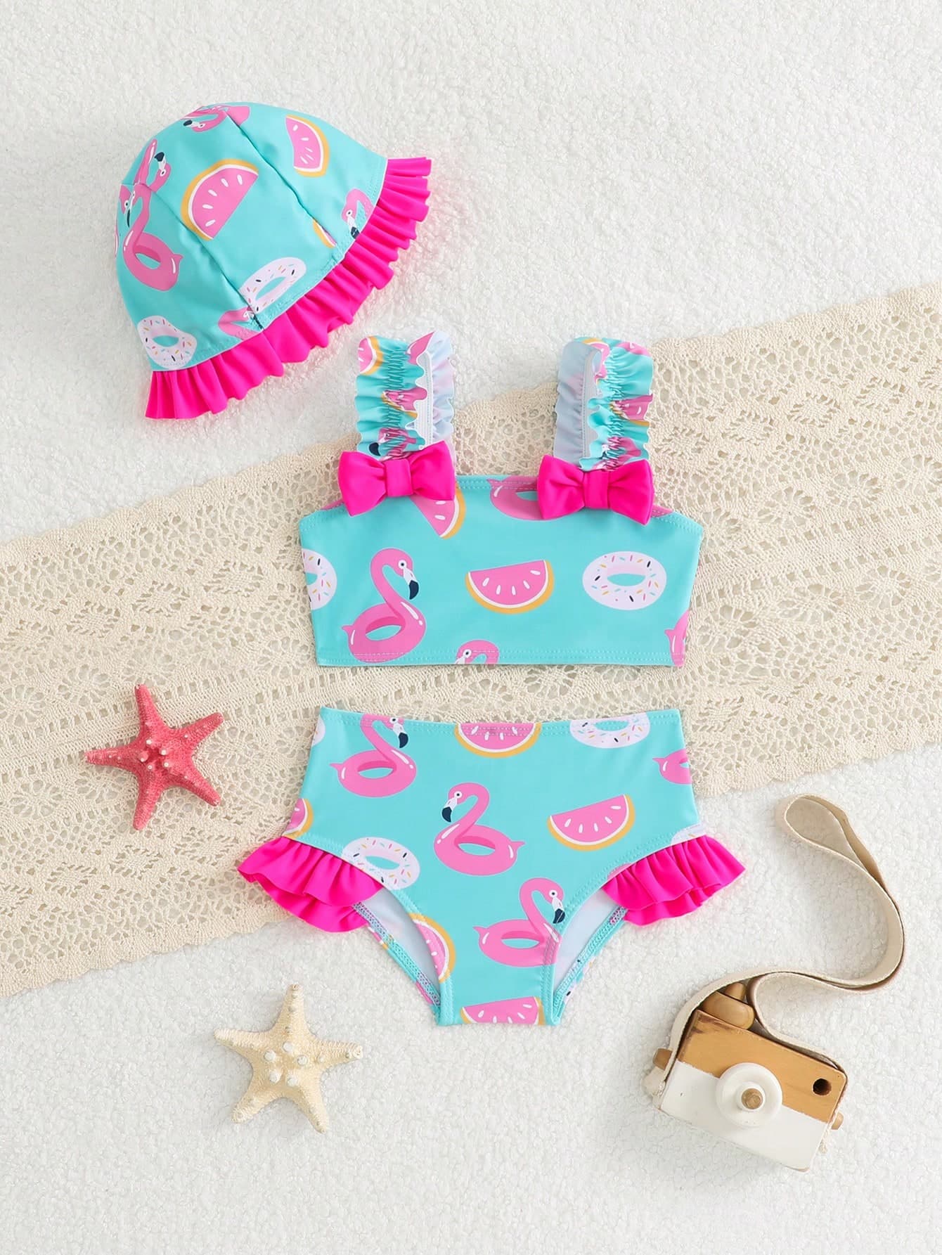 SHEIN 3pcs Baby Girls Swimsuit Set,Holiday Cartoon Flamingo&Watermelon Print Two Pieces Bathing Suit With Cute Hat,Ruffle Bow Decor Birthday Swimming Suit