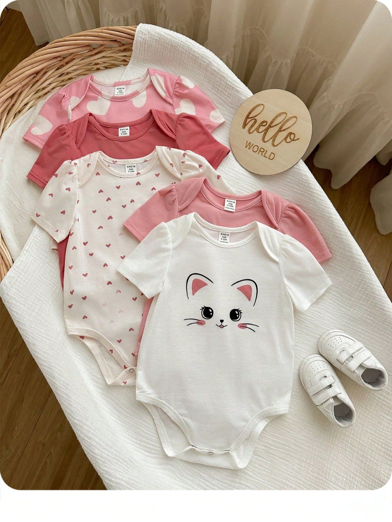 Babygirl Cute & Comfy Knit Cartoon Cat & Heart Print Short Sleeve Romper, Multi-Color