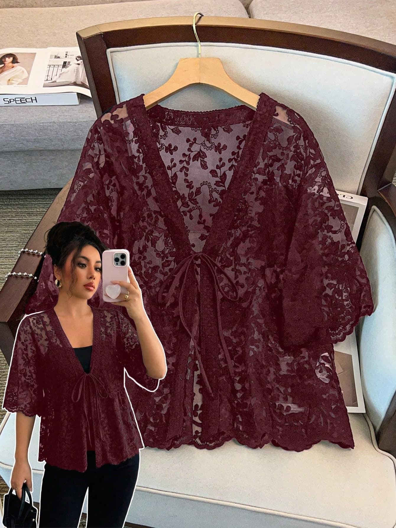 GlowEve CURVE Plus Size Women V-Neck Tie Front Sheer Vacation Blouse Shawl Collar Half Sleeve Embroidery Hollow Out Cardigan