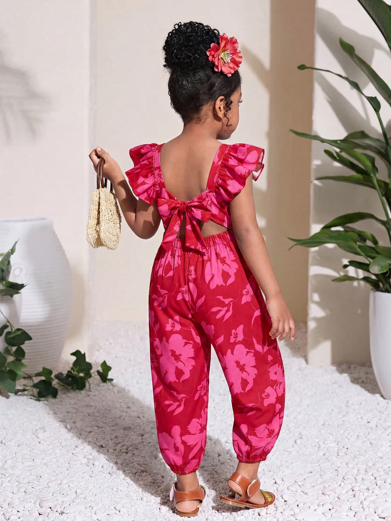 Young Girl Casual Floral Print Jumpsuit, Suitable For Daily Wear And Vacation