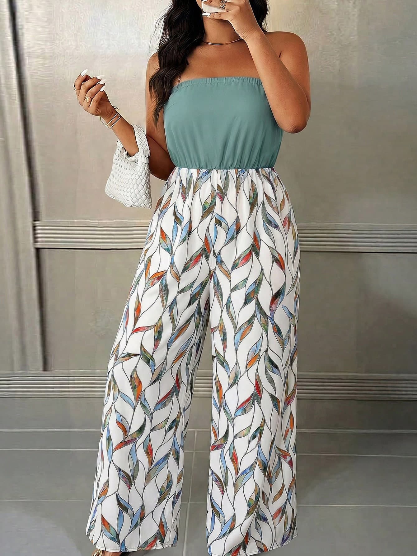 Weeklong Plus Size Women's Casual Boho Jumpsuit With Printed Bandeau Top And Straight Leg Pants, Suitable For Daily Wear, Vacation And Home Green