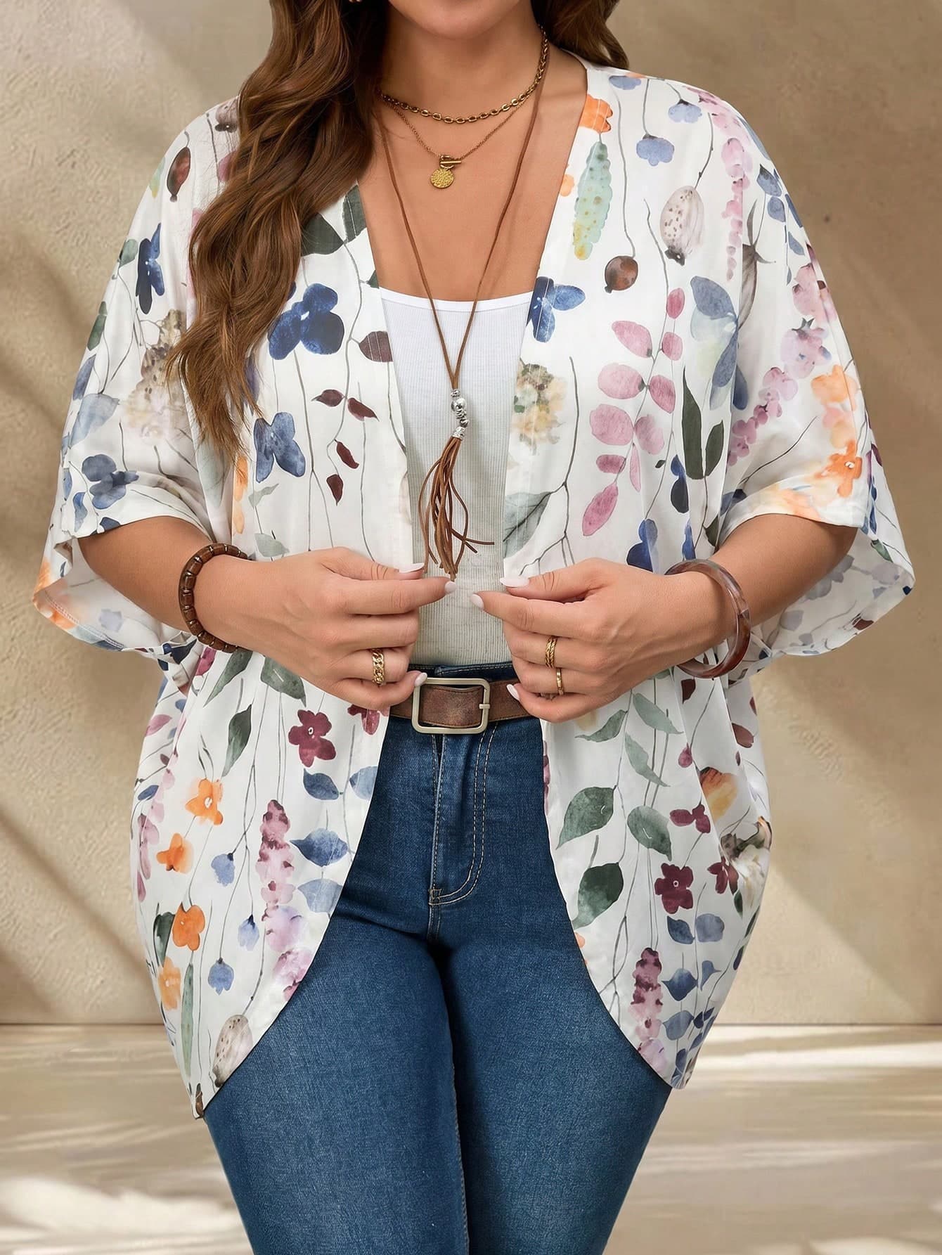EMERY ROSE Plus Size All White Casual Smart Casual Holiday Floral Cardigan, Vacation Asymmetric Hem Batwing Sleeve Jacket For Women, Festival Beach Summer