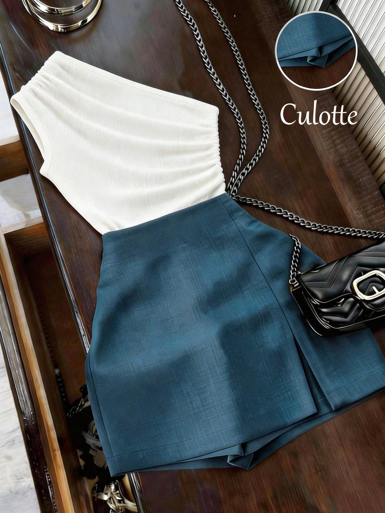 Franclia 2pcs Women's Summer Elegant Teal Ruched Blouse & Side Slit Skort Set,High-Waisted Culotte Matching Outfit,Night Out Commuter Office Wear