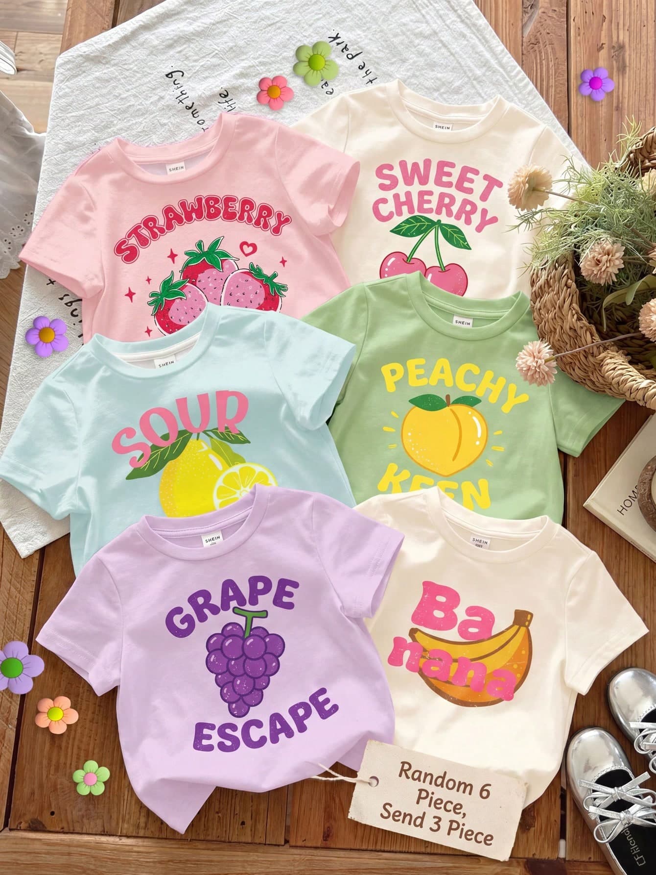 3pcs/Set Cute Retro Dopamine Fruit Series T-Shirts,Young Girl Casual Short Sleeve Round Neck Tee For Summer,School,Back-To-School,Campus,Kids Cartoon