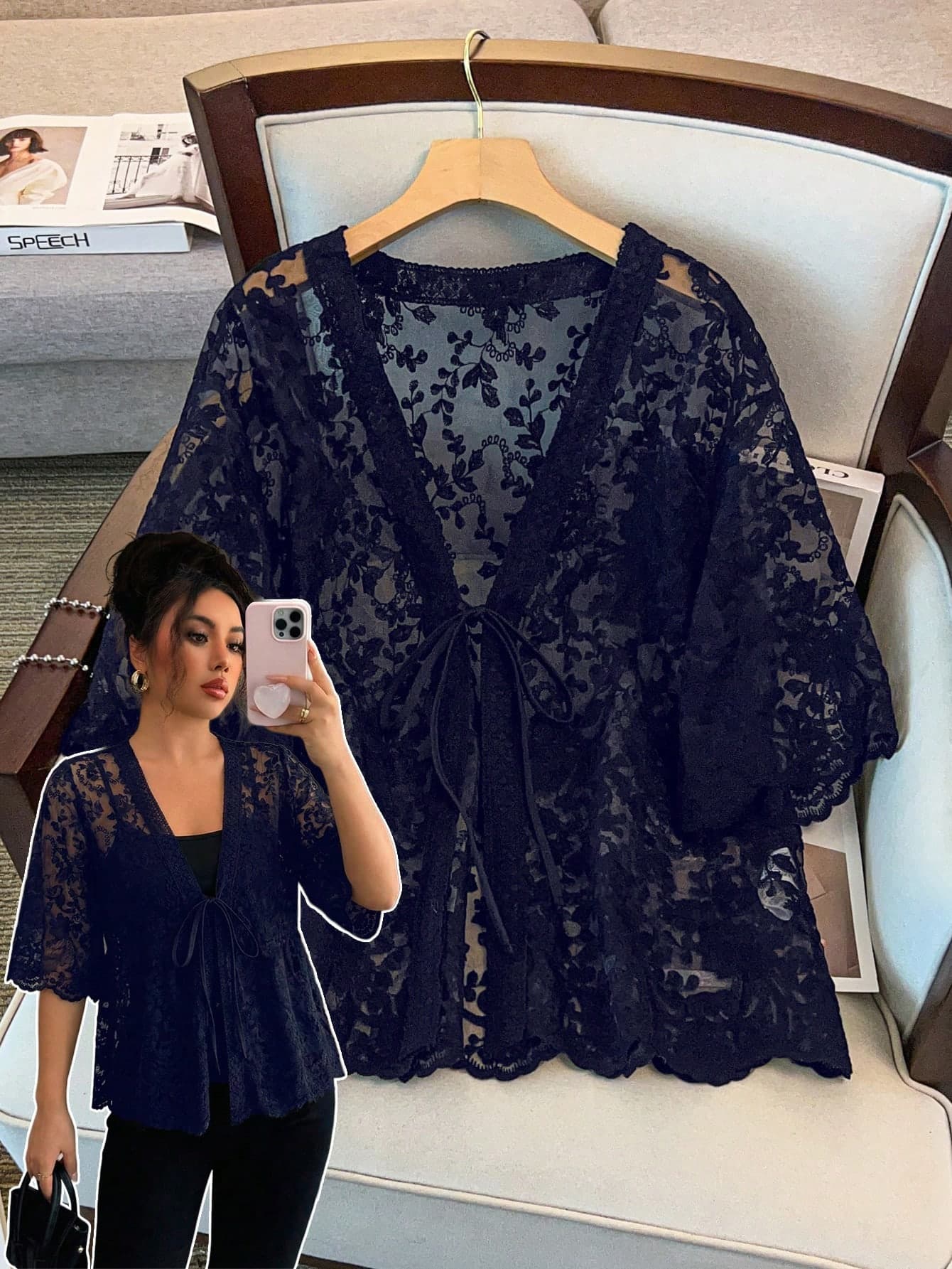 GlowEve CURVE Plus Size Women V-Neck Tie Front Sheer Vacation Blouse Shawl Collar Half Sleeve Embroidery Hollow Out Cardigan