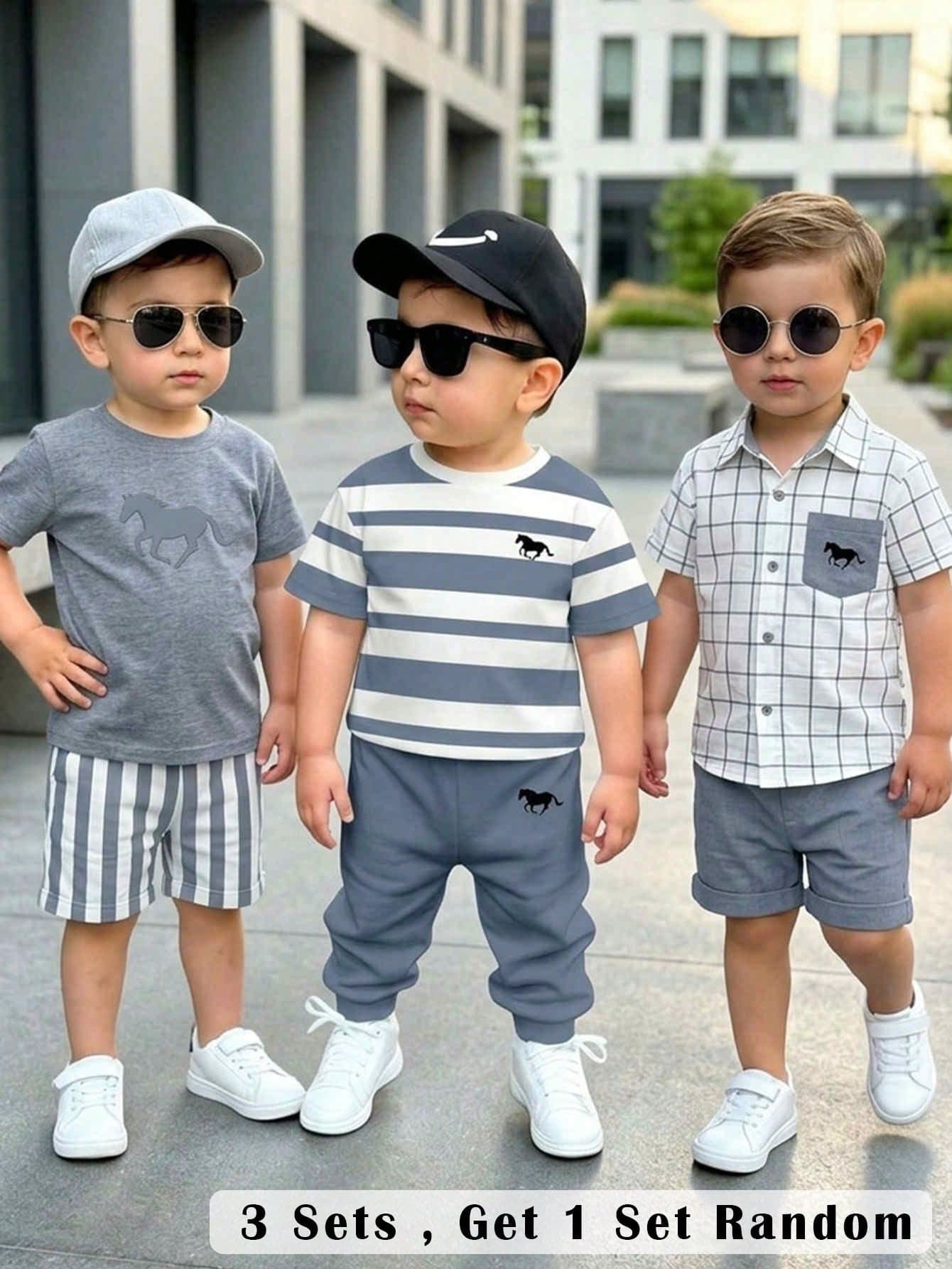 SHEIN 3 Sets Baby Boys' Casual Summer Beach Outfits,Loose Sports Short Sleeve T-Shirt And Pants 2-Piece Set,Classic Blue White Stripe Horse Logo Print