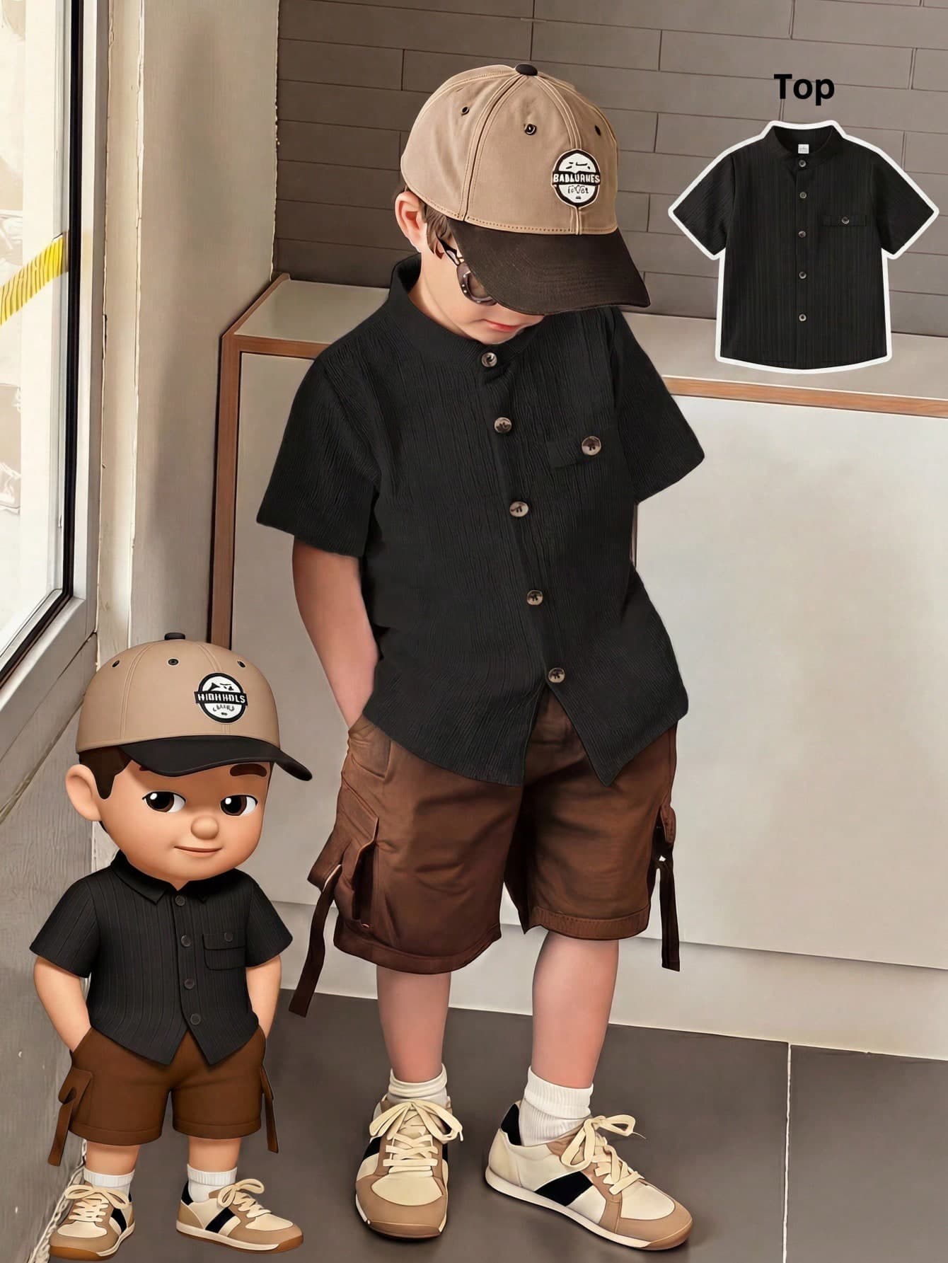 SHEIN Explorewe Young Boy's Casual Daily Commute Simple Solid Color Button-Front Short Sleeve Shirt, Summer