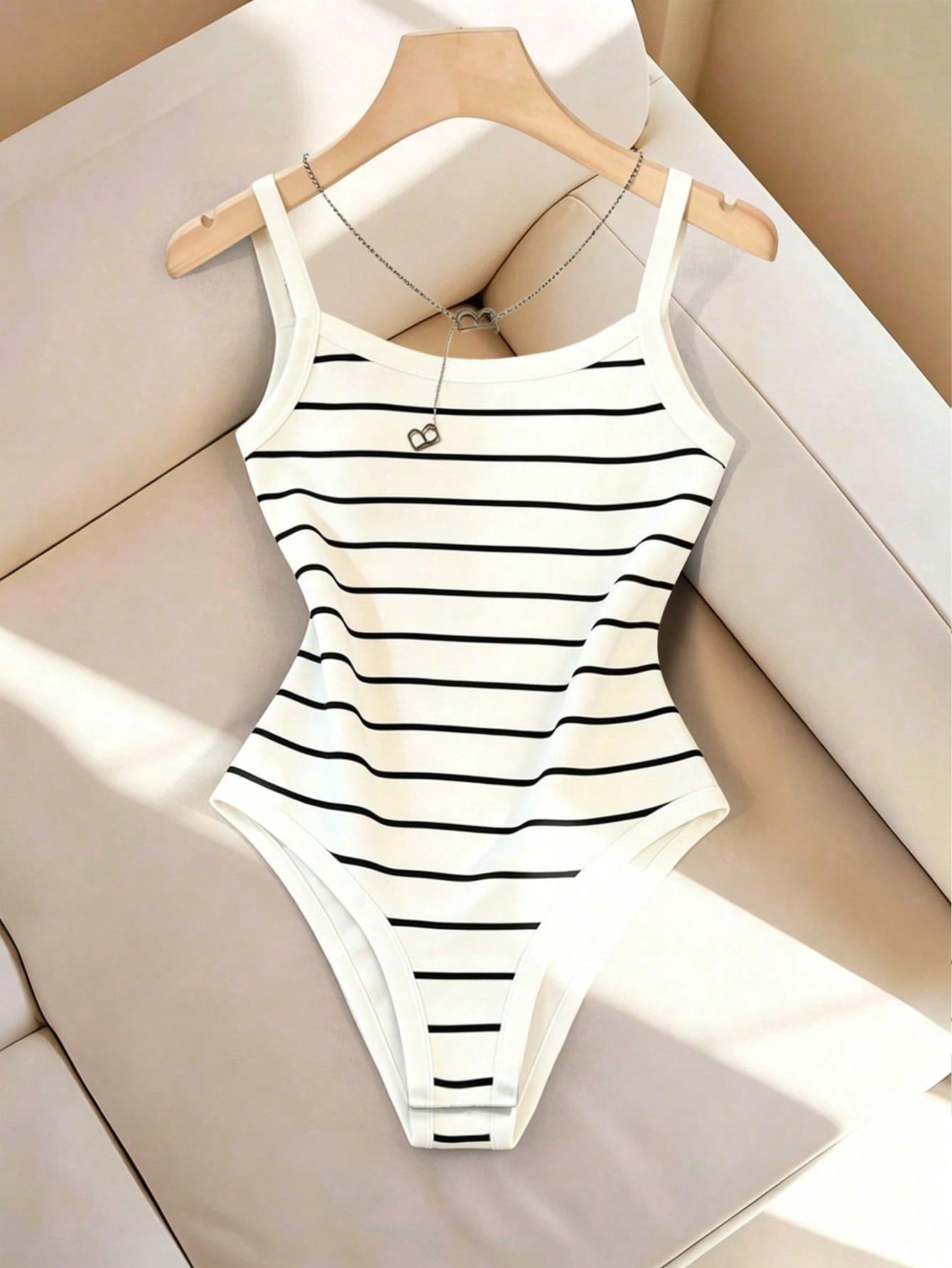 SHEIN LUNE Women's Summer Casual Striped Bodysuit - Black & White Stripes, Slim-Fit, Spaghetti Straps - Ideal For Daily Commuting, Beach Vacations, And Leisure